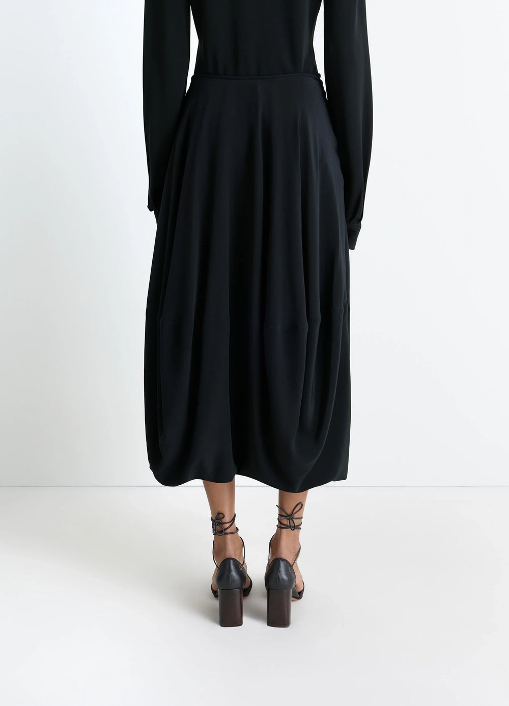 Balloon Skirt in Silk Crepe de Chine, model shot, back view flowing drape silhouette