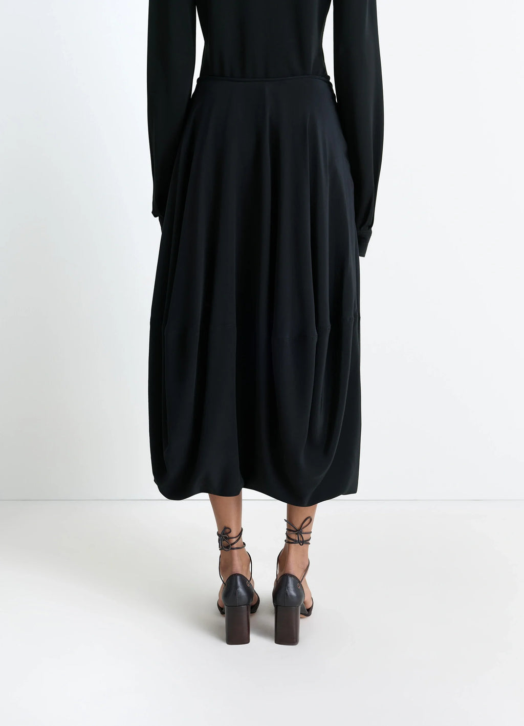 Balloon Skirt in Silk Crepe de Chine, model shot, back view flowing drape silhouette