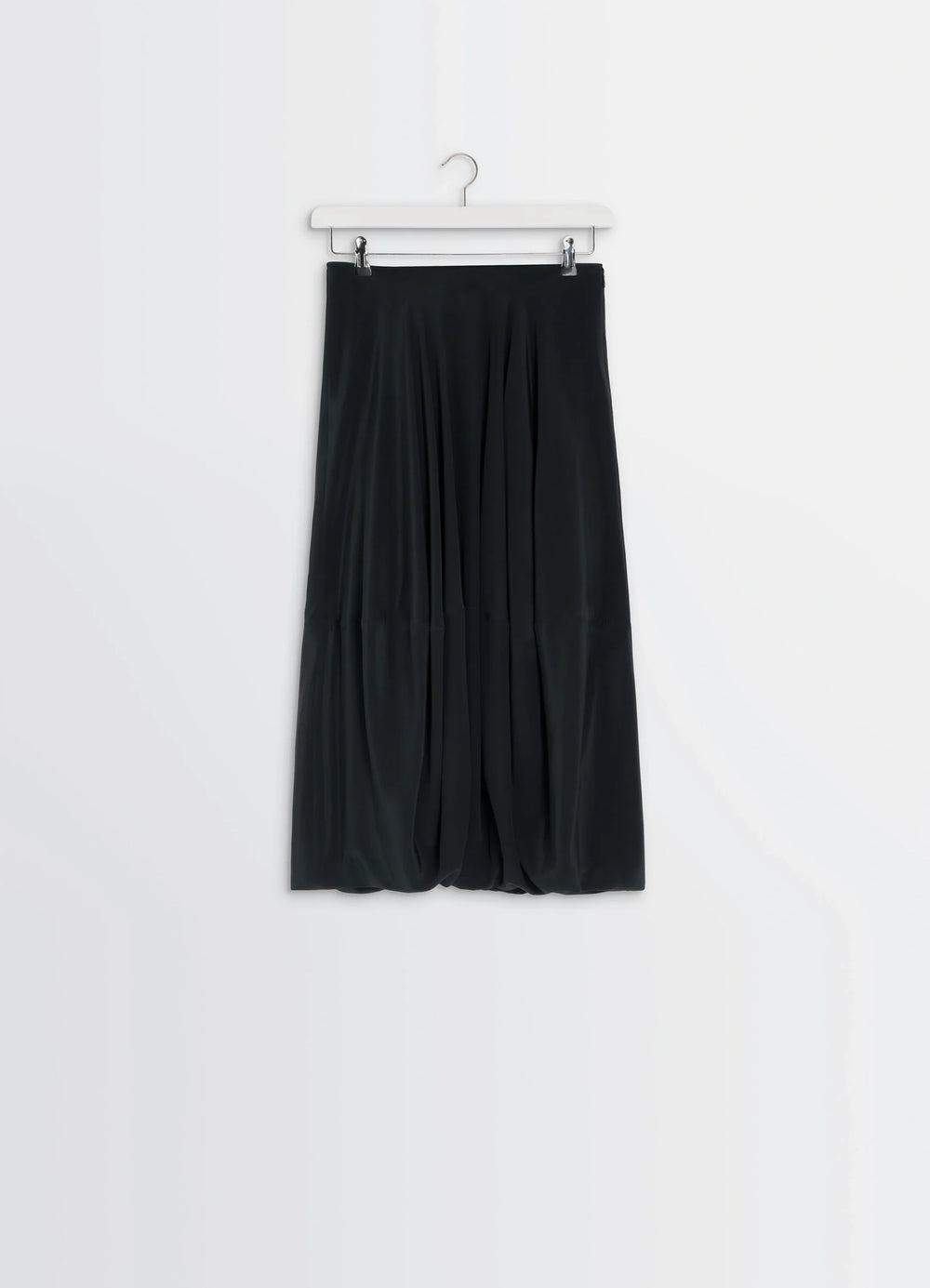 Balloon Skirt in Silk Crepe de Chine, product shot, hanging full view balloon hem gathered look