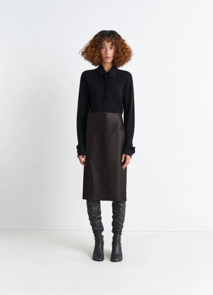 Lemaire Leather Wrapover Skirt in Supple Cow Leather, model shot, Front view Wrapover with snap closure