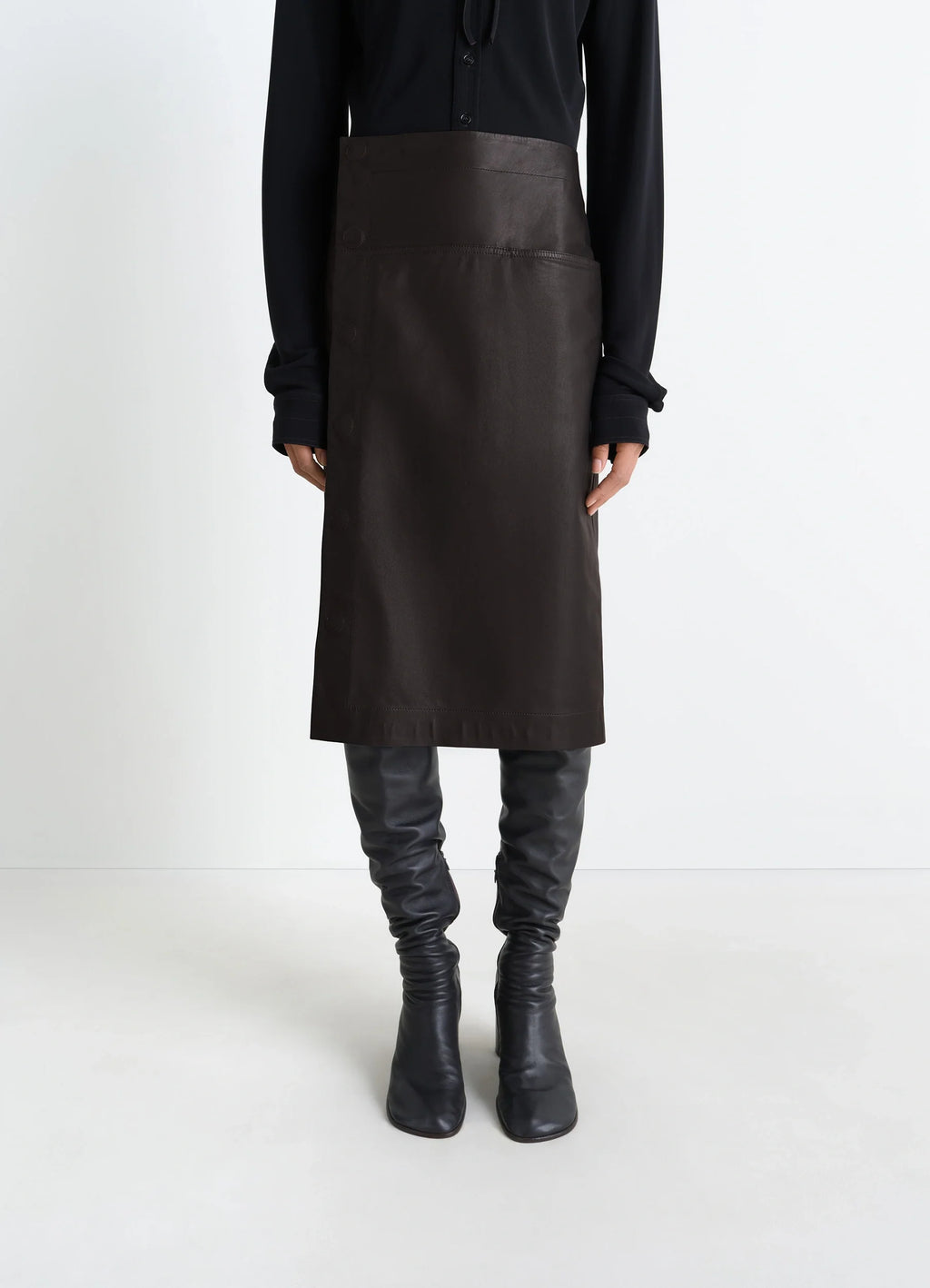 Lemaire Leather Wrapover Skirt in Supple Cow Leather, model shot, full body porte high waist silhouette