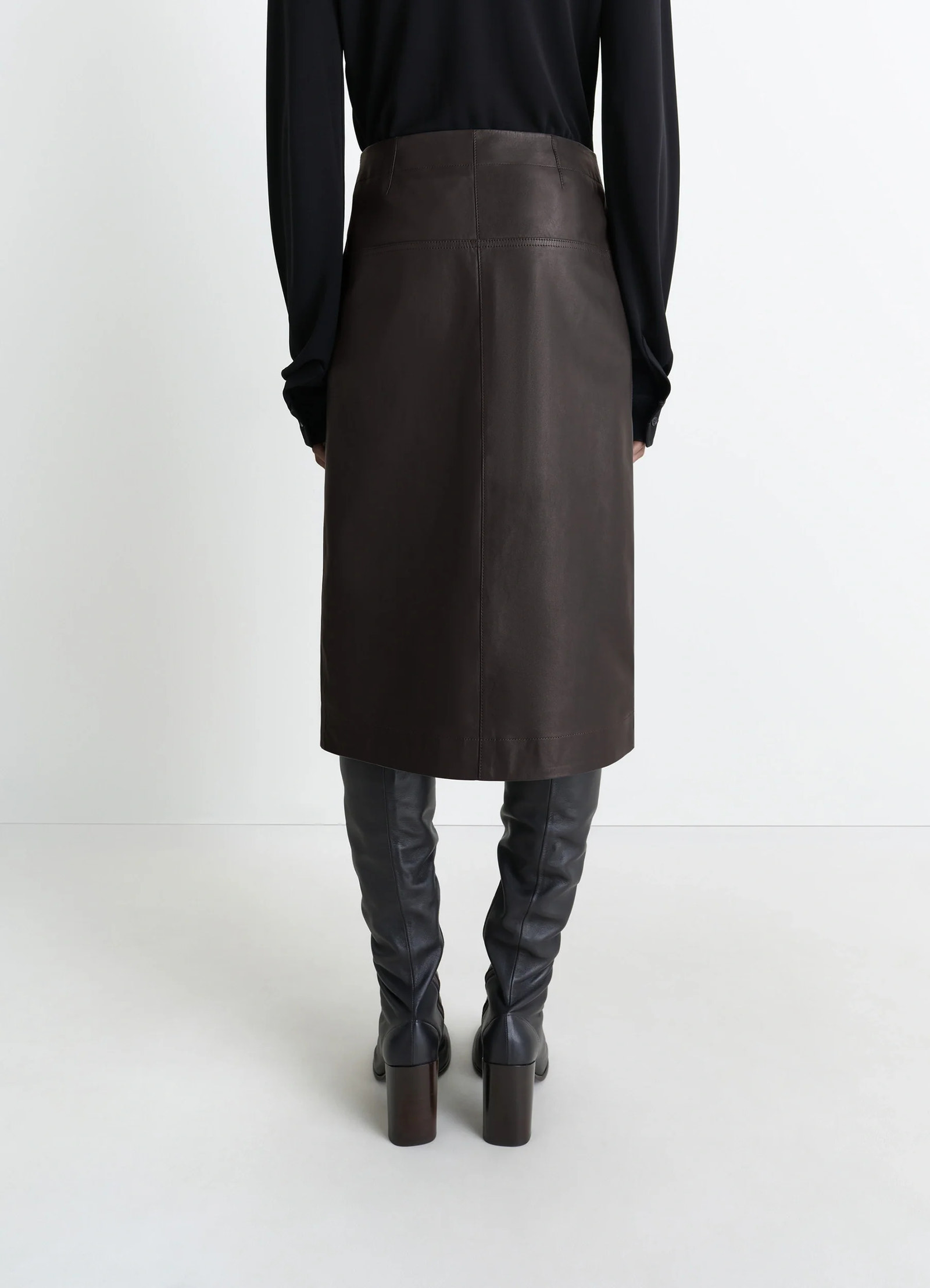 Lemaire leather wrapover skirt in supple cow leather, model shot, back view straight hem
