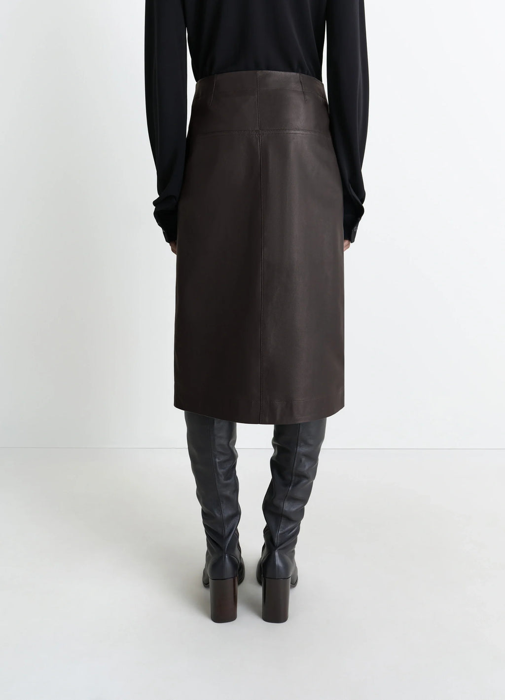 Lemaire Leather Wrapover Skirt in Supple Cow Leather, model shot, back view straight hem