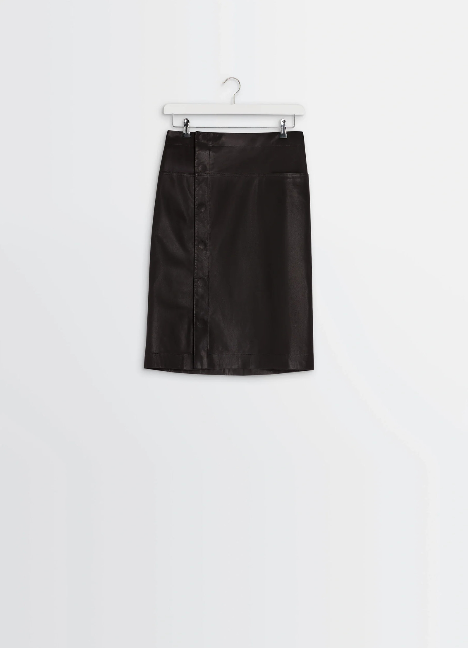 Lemaire leather wrapover skirt in supple cow leather, product shot, hanger display snap button side