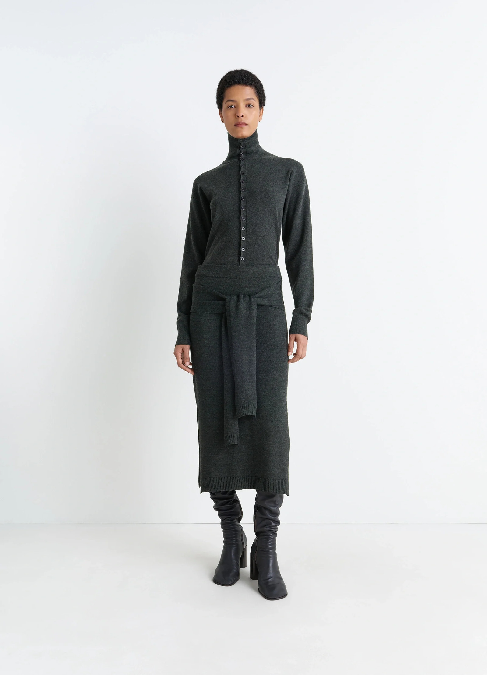 Lemaire trompe loeil skirt in blended merino wool, model shot, front view tie-around panels