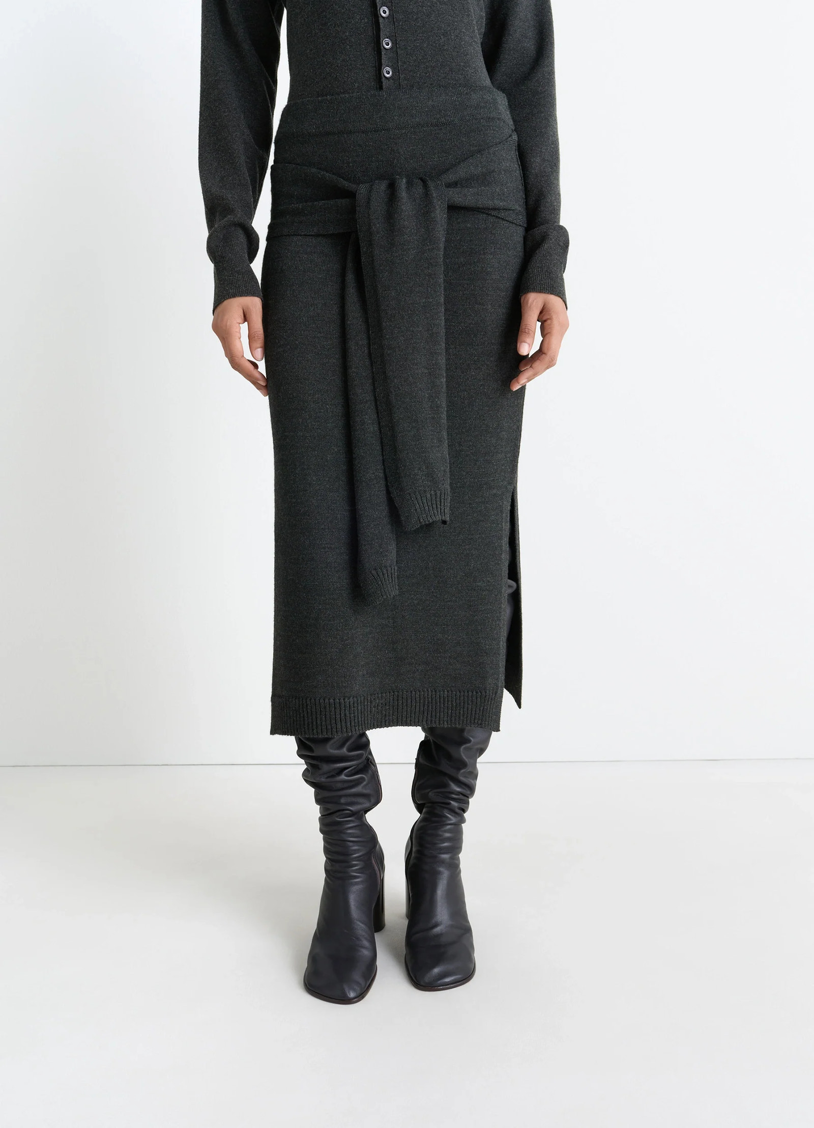 Lemaire trompe loeil skirt in blended merino wool, model shot, side view knee-high side slit