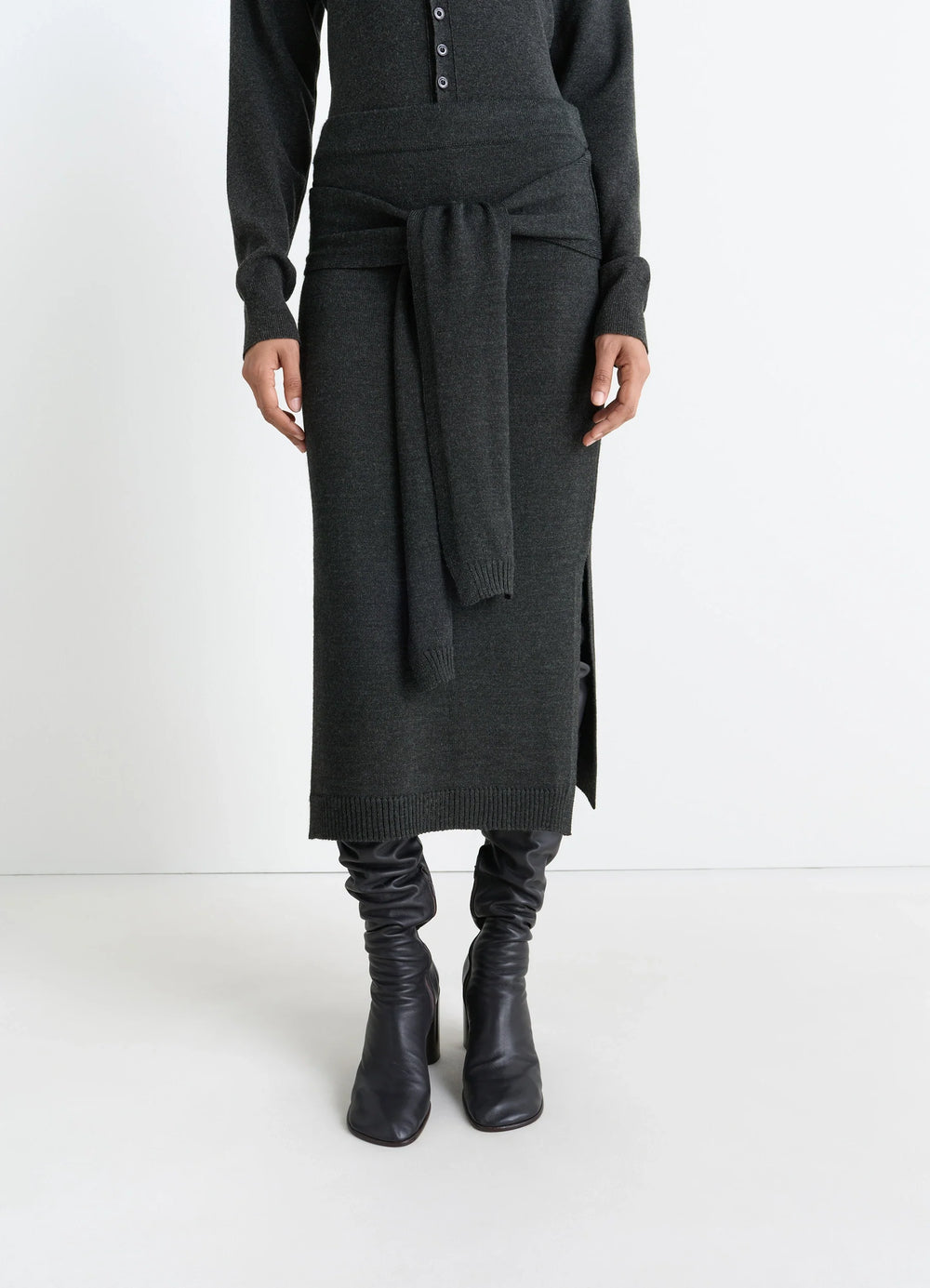 Lemaire Trompe Loeil Skirt in Blended Merino Wool, model shot, side view knee-high side slit