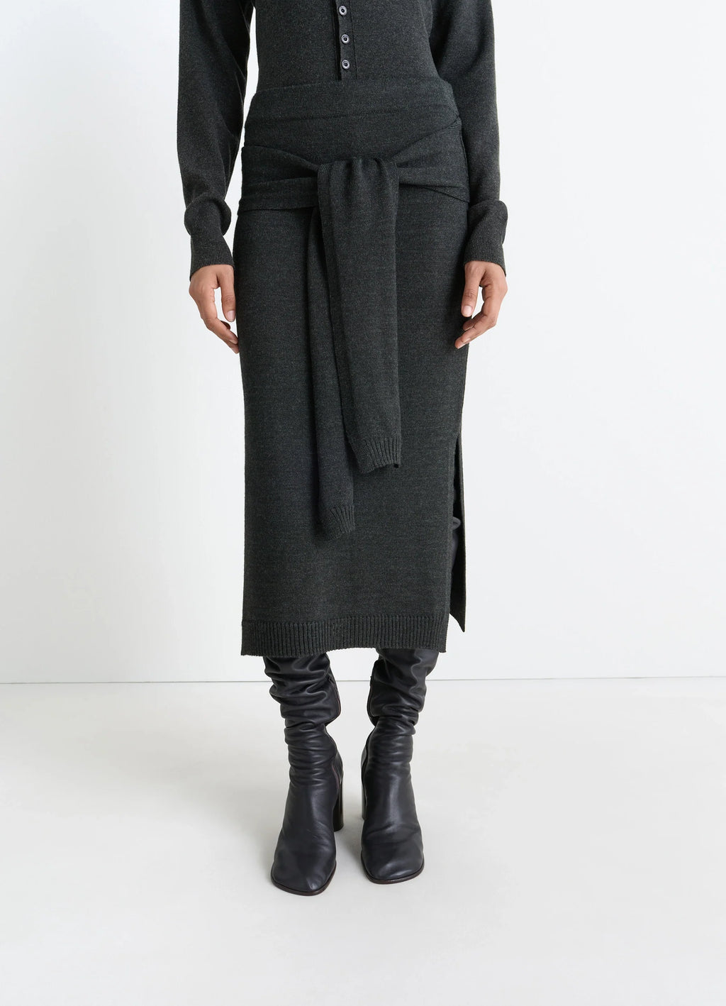Lemaire Trompe Loeil Skirt in Blended Merino Wool, model shot, side view knee-high side slit
