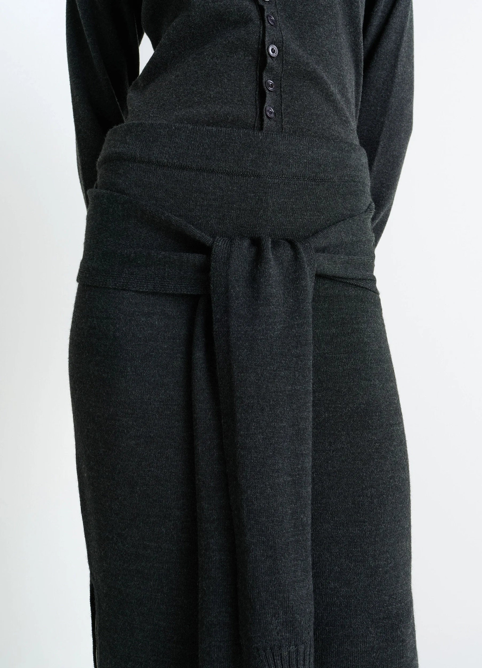 Lemaire trompe loeil skirt in blended merino wool, model shot, detail shot waist tie detail