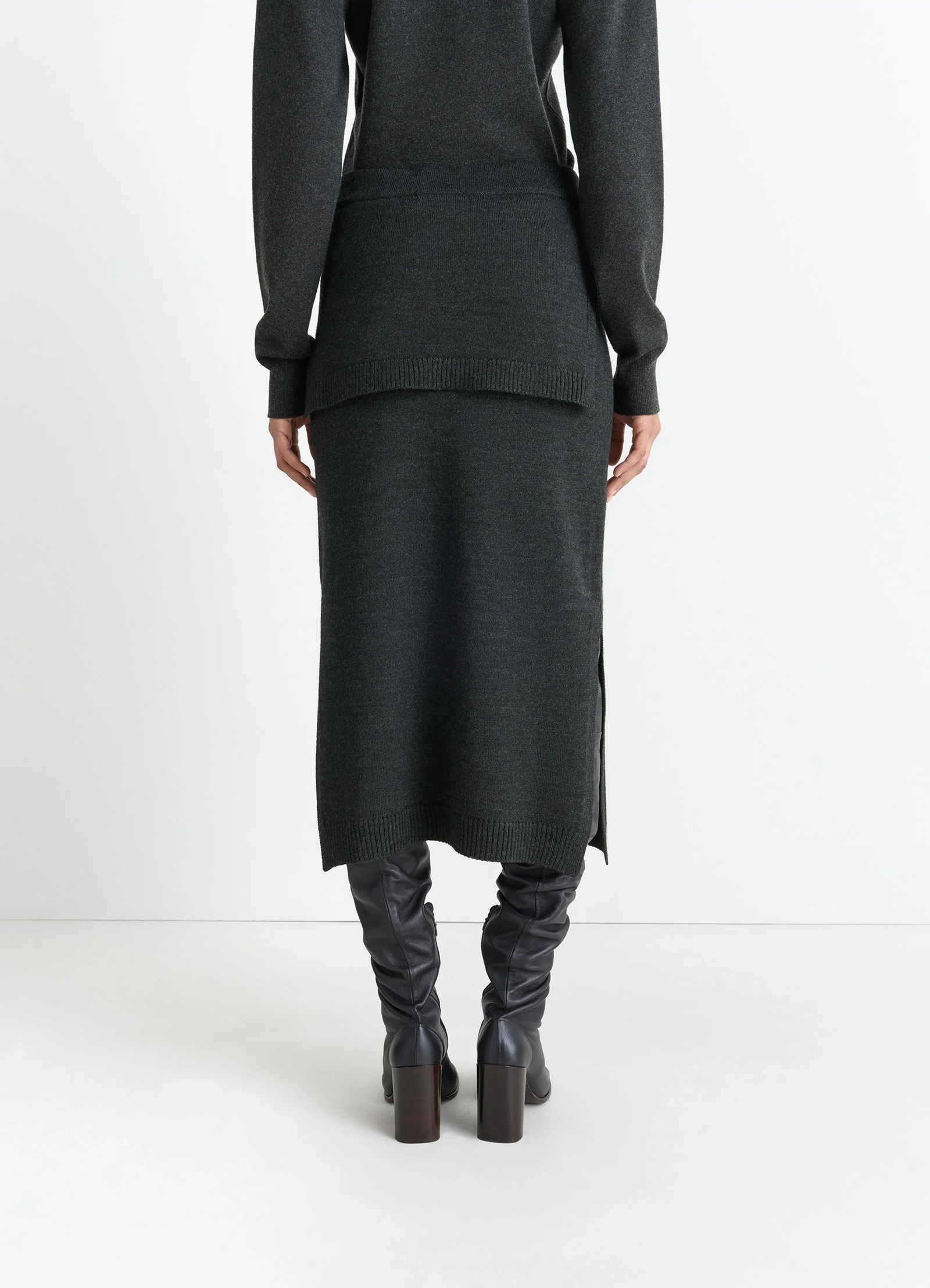 Lemaire trompe loeil skirt in blended merino wool, model shot, back view ribbed hem detail