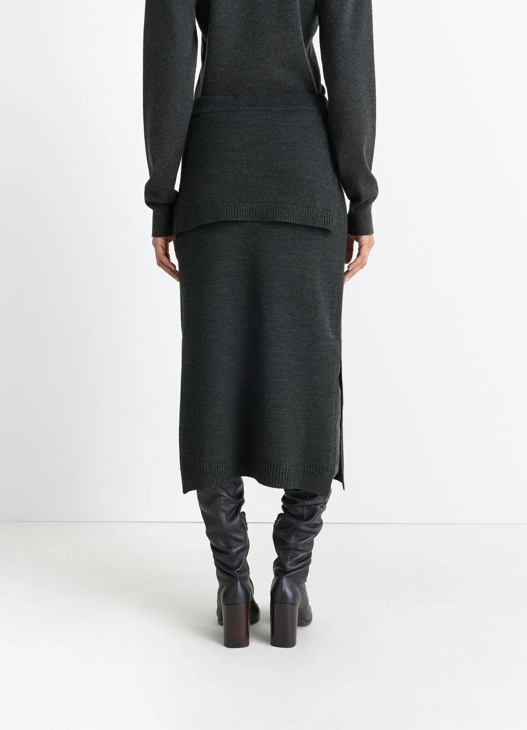 Lemaire Trompe Loeil Skirt in Blended Merino Wool, model shot, back view ribbed hem detail