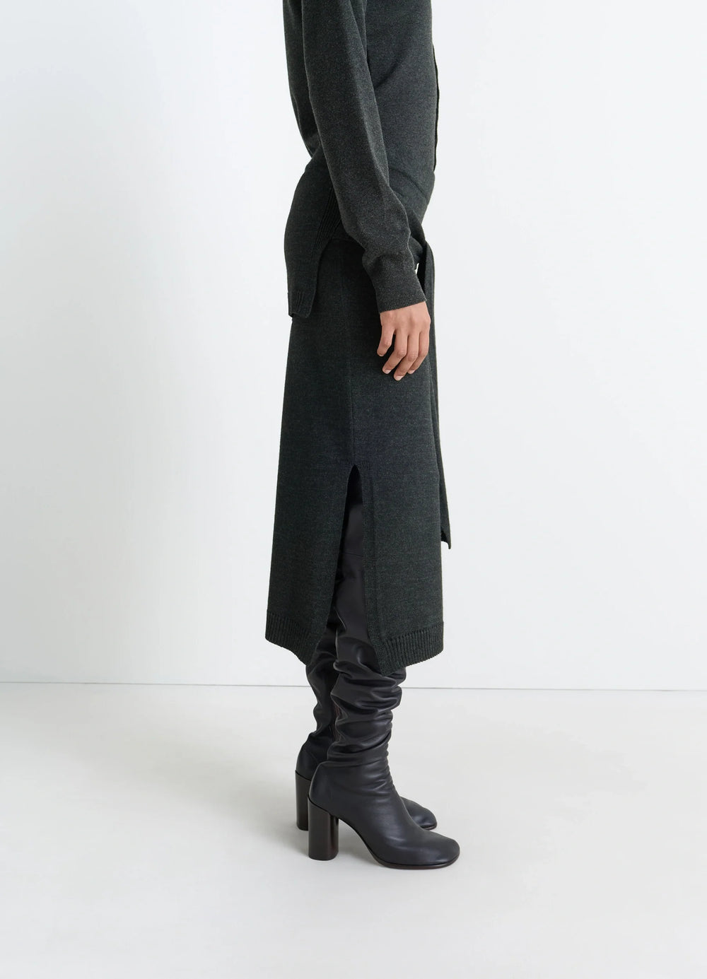 Lemaire Trompe Loeil Skirt in Blended Merino Wool, model shot, profile view side slit exposure