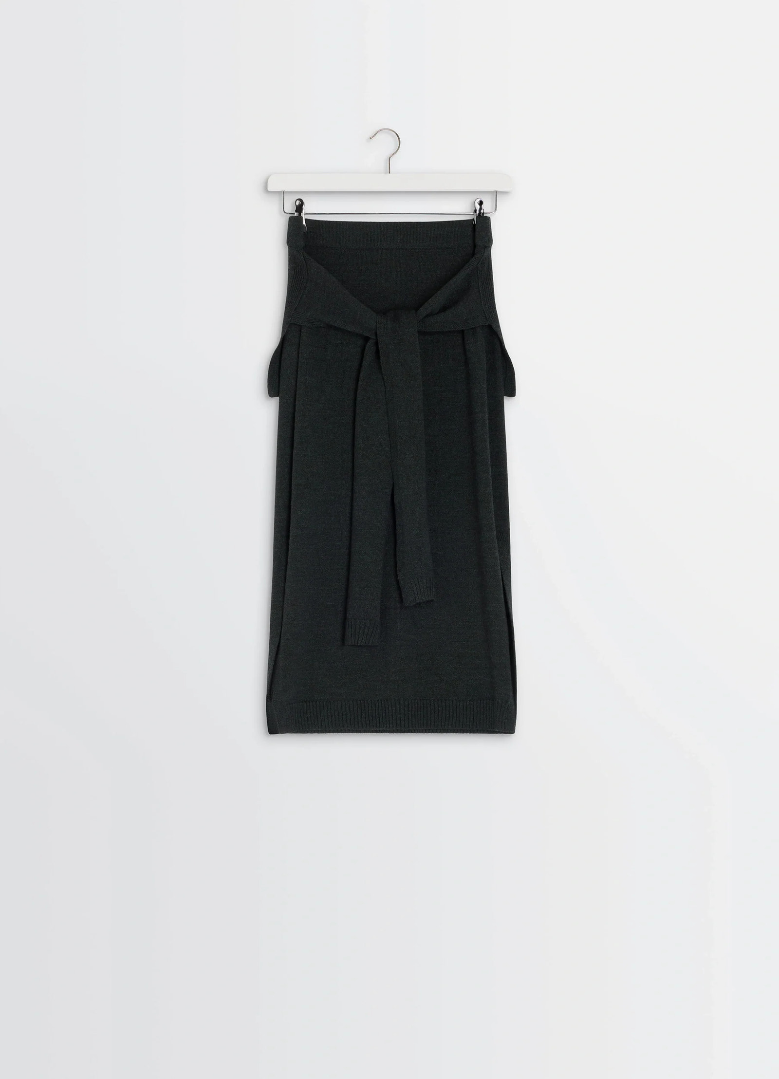 Lemaire trompe loeil skirt in blended merino wool, product shot, hanging shot waist tie knot