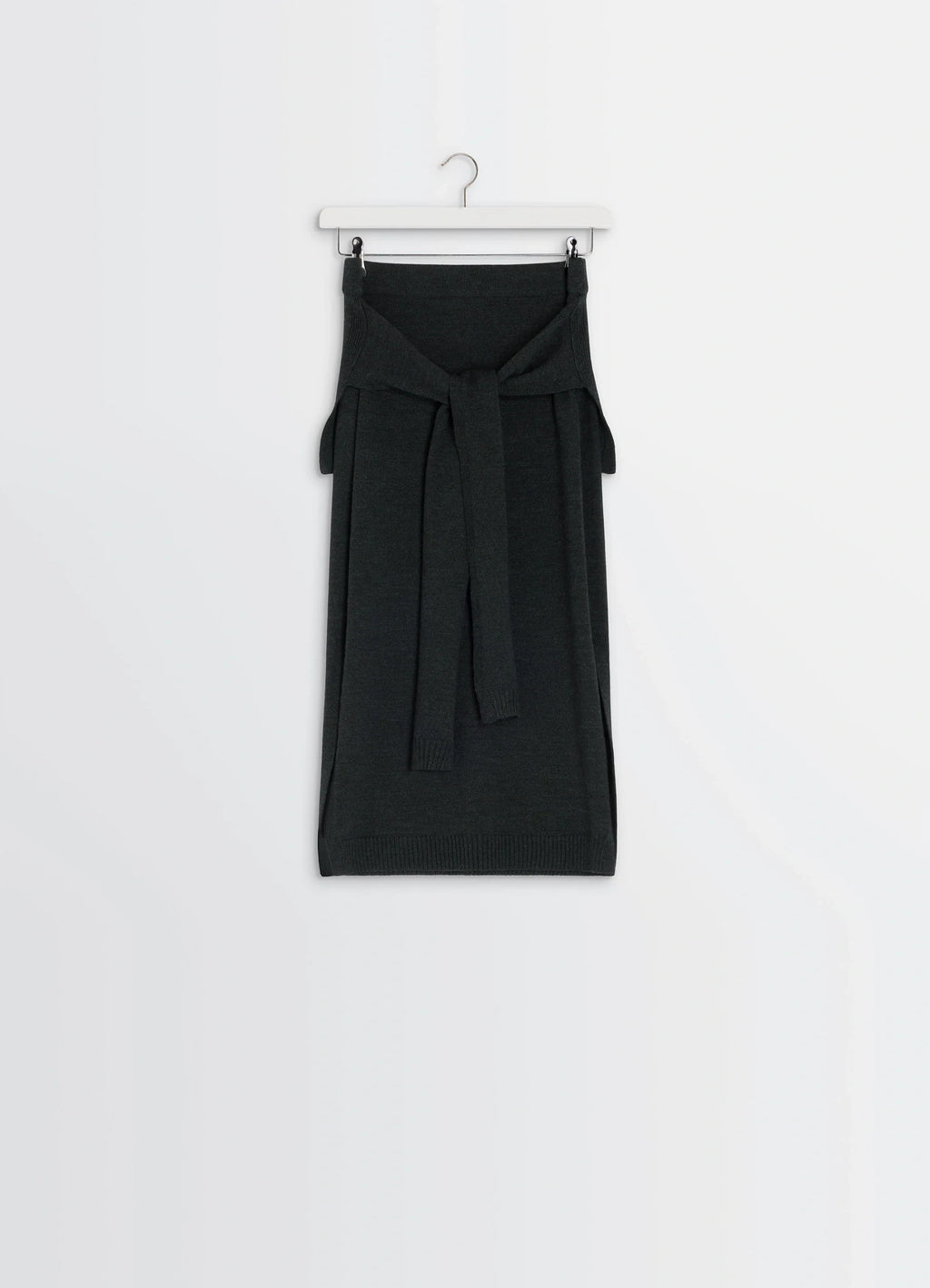 Lemaire Trompe Loeil Skirt in Blended Merino Wool, product shot, hanging shot waist tie knot