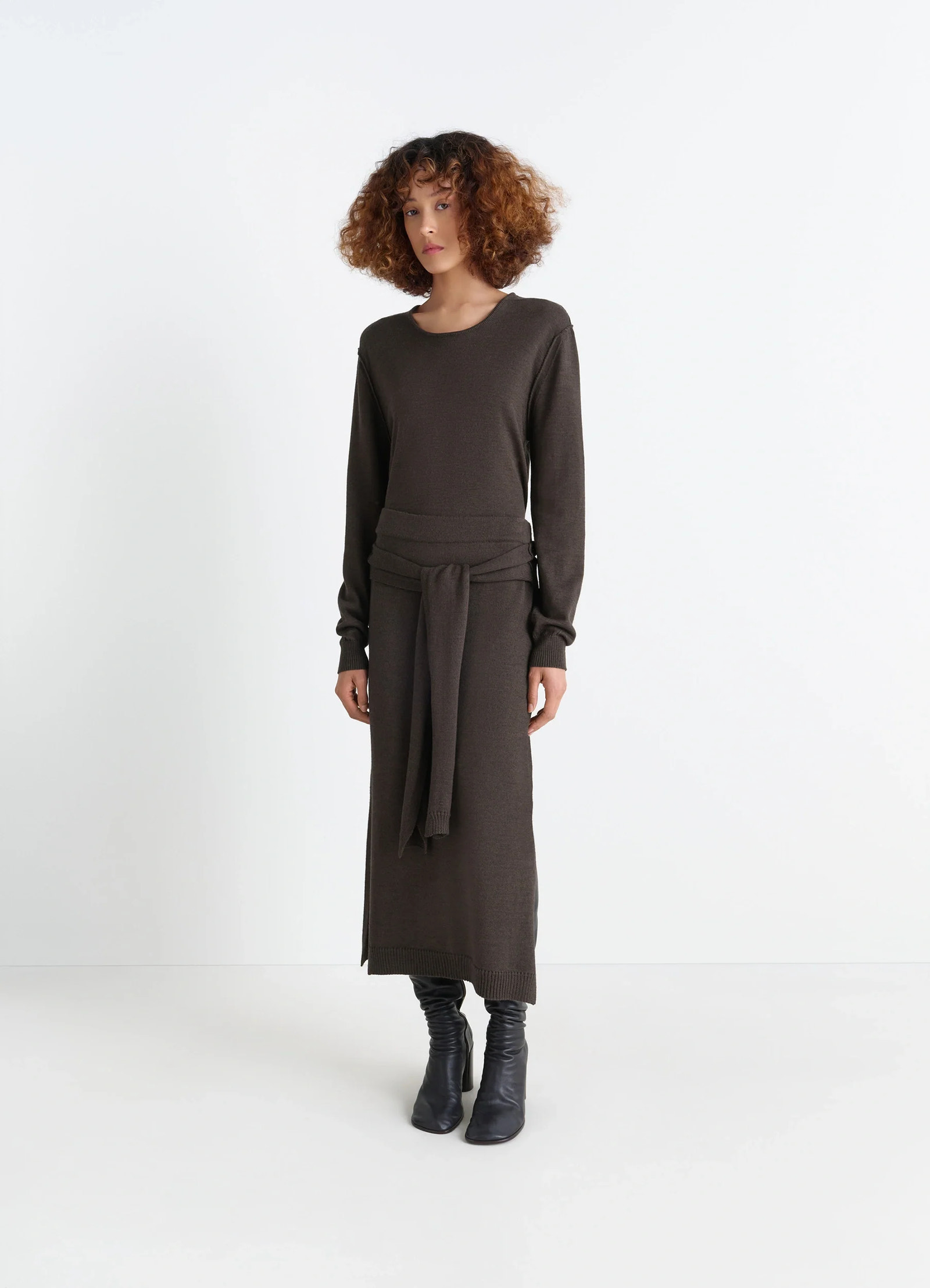 Lemaire trompe loeil skirt in blended merino wool, model shot, front view sweater-style tie panels