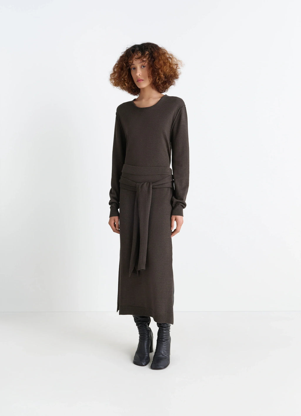 Lemaire Trompe LOeil Skirt in Blended Merino Wool, model shot, Front view Sweater-style tie panels