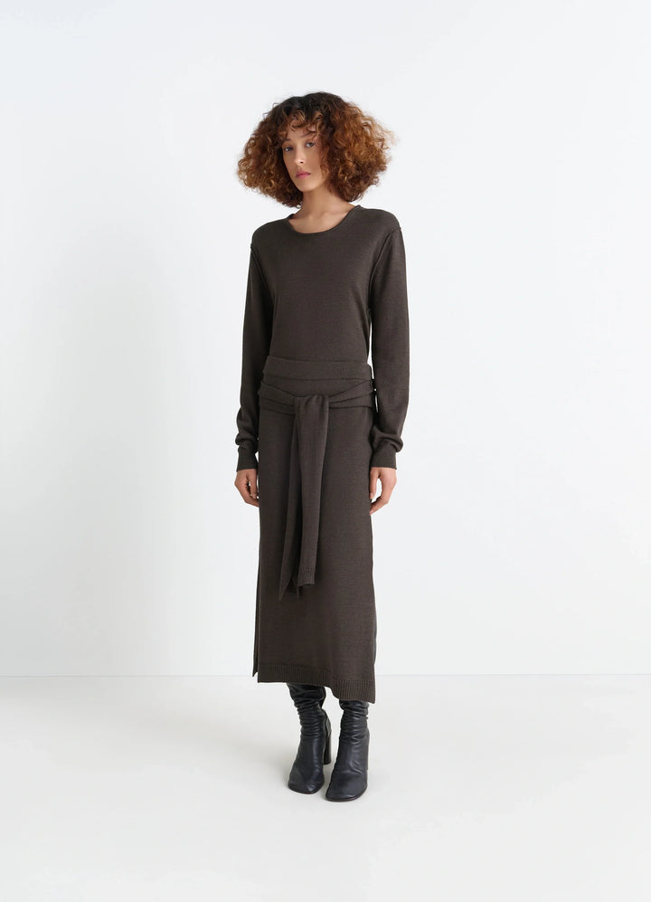 Lemaire Trompe LOeil Skirt in Blended Merino Wool, model shot, Front view Sweater-style tie panels