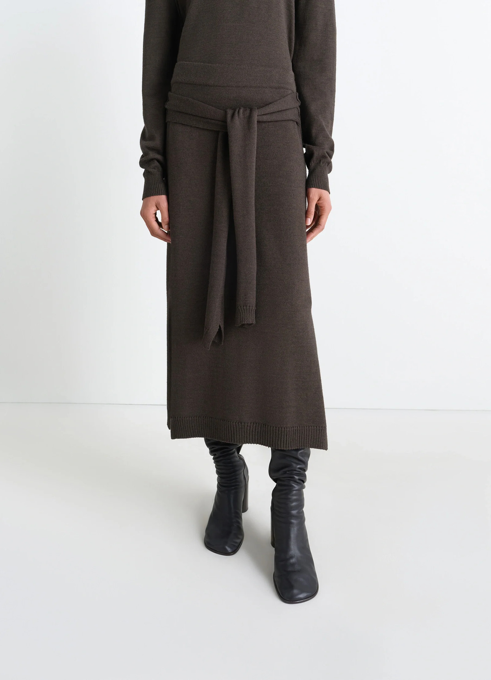 Lemaire trompe loeil skirt in blended merino wool, model shot, side view tie panels at waist