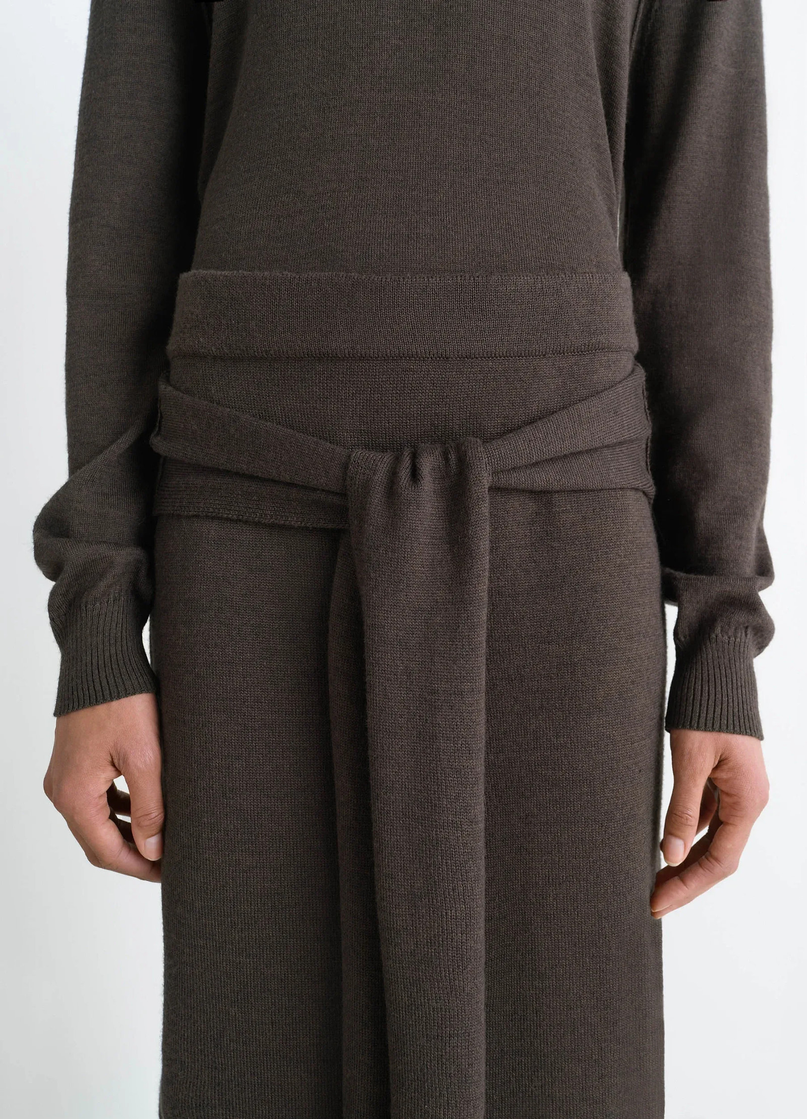 Lemaire trompe loeil skirt in blended merino wool, model shot, detail shot knotted waist detail