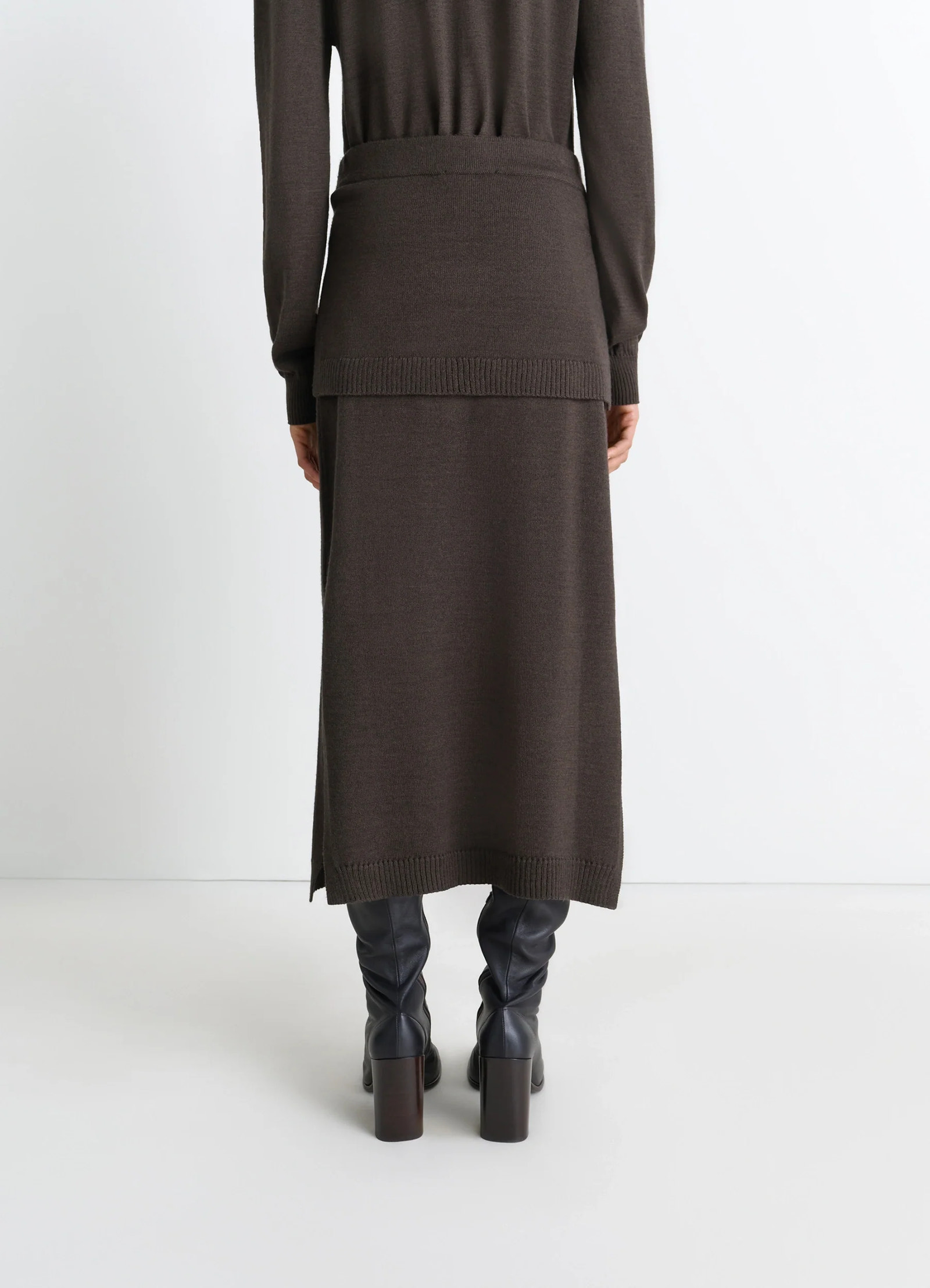 Lemaire trompe loeil skirt in blended merino wool, model shot, back view ribbed hem