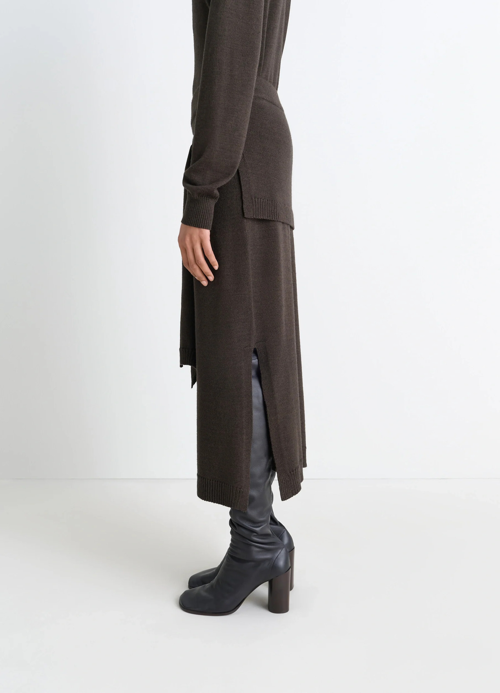 Lemaire trompe loeil skirt in blended merino wool, model shot, right profile view side slit detail