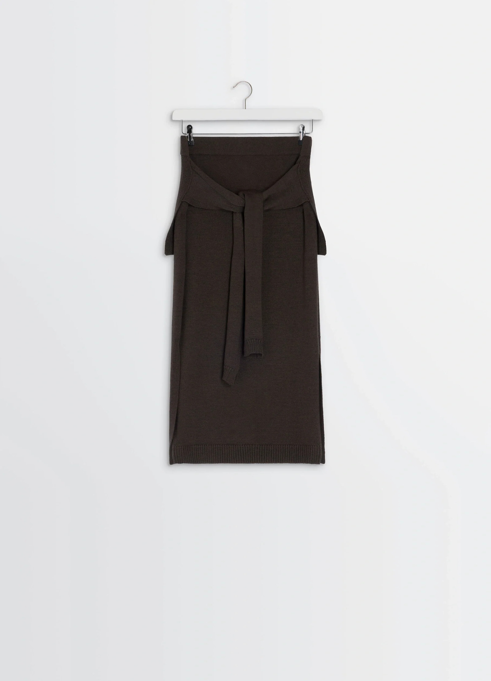 Lemaire trompe loeil skirt in blended merino wool, product shot, hanging view knit tie-front panel