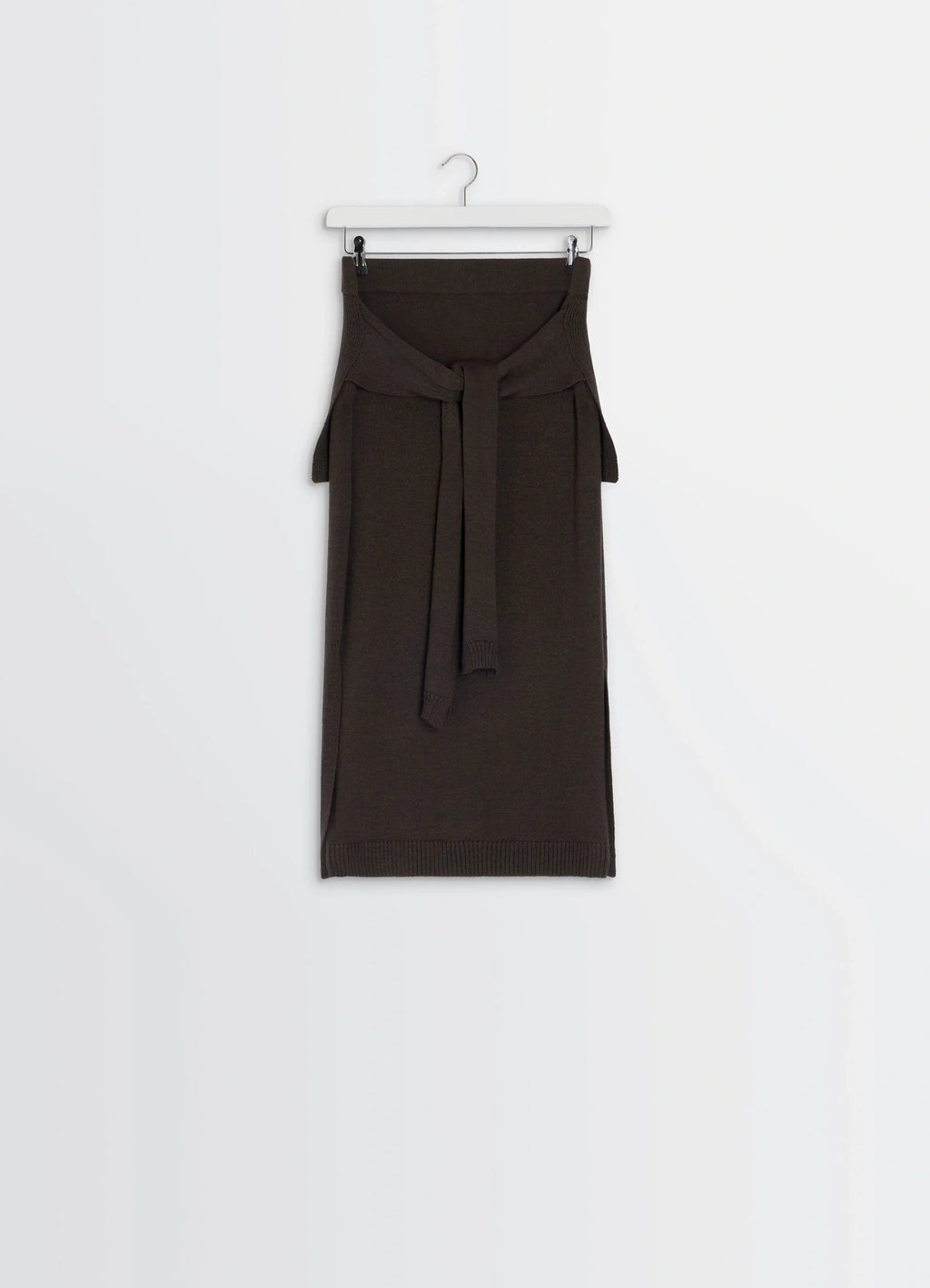 Lemaire Trompe LOeil Skirt in Blended Merino Wool, product shot, hanging view knit tie-front panel