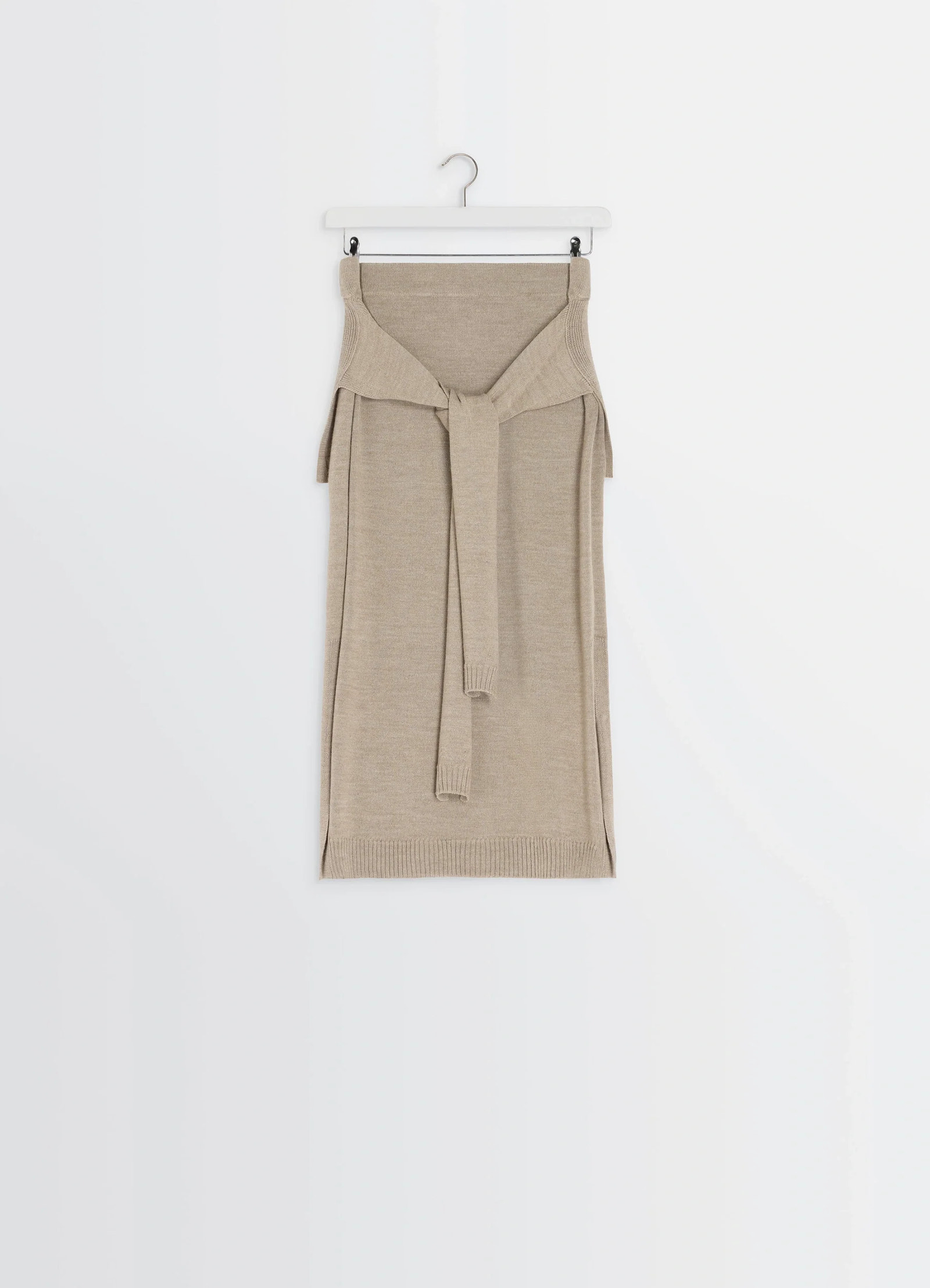 Lemaire trompe loeil skirt in beige blended merino wool, product shot, hanging front view sweater-style front tie
