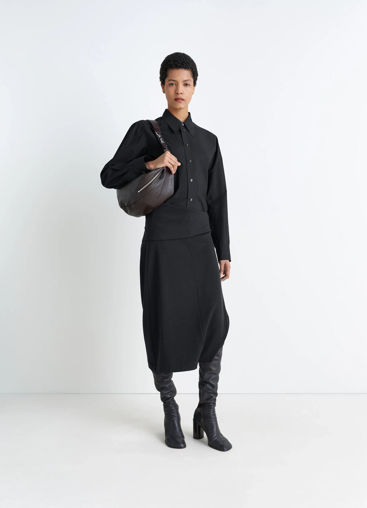 Lemaire Twisted Hem Dress in Black Wool Viscose-Blend, model shot, Front view Slender draped silhouette