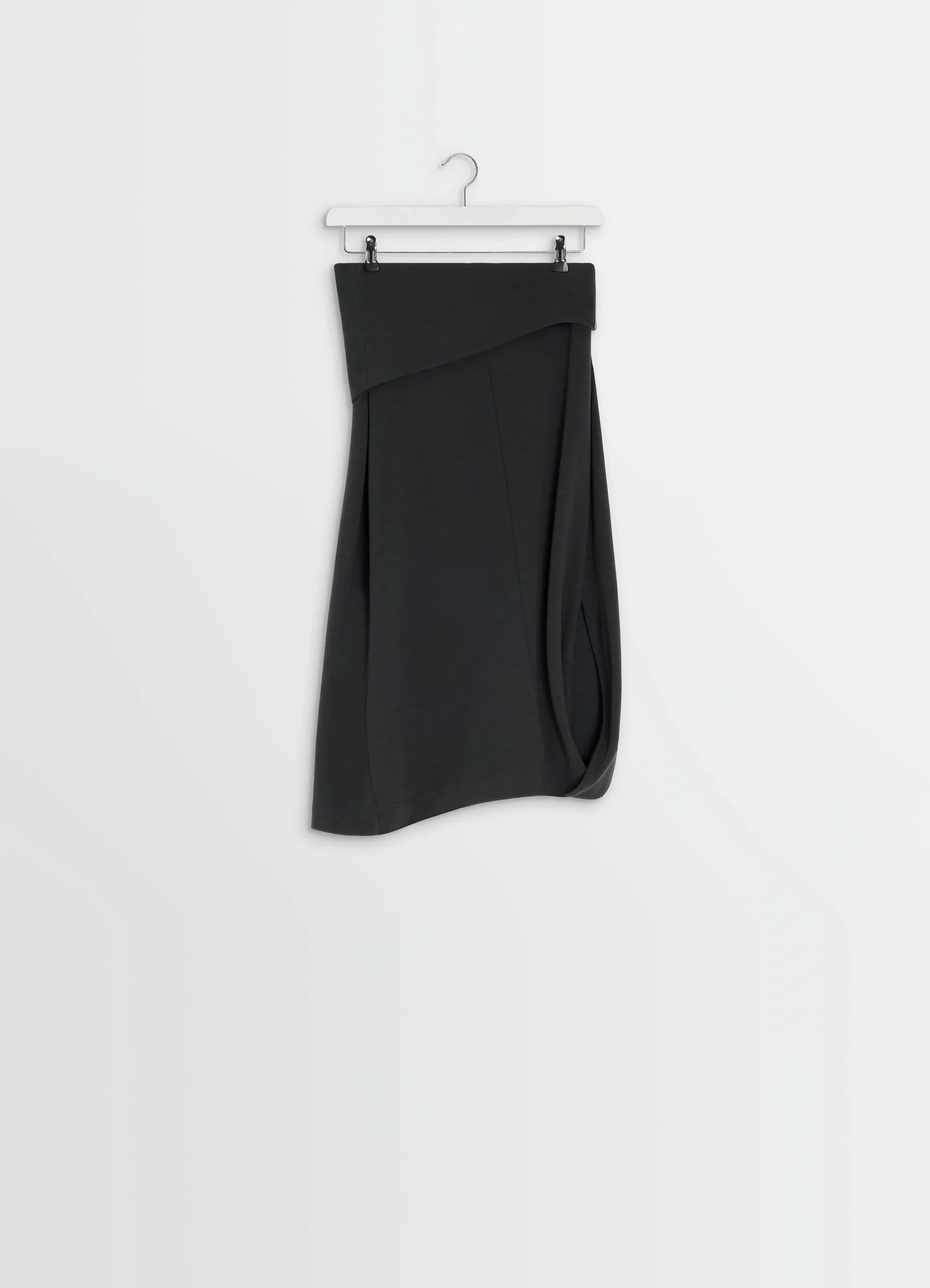 Lemaire twisted hem dress in black wool viscose-blend, product shot, hanging display view elegant folded drape
