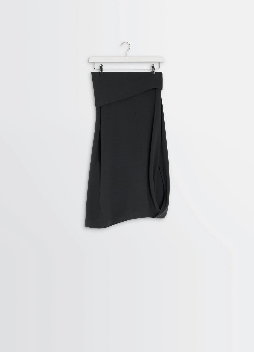 Lemaire Twisted Hem Dress in Black Wool Viscose-Blend, product shot, hanging display view elegant folded drape