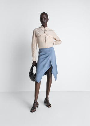 Creased foulard skirt in poly viscose twill, model shot, front view irregular pleats, fluid cut