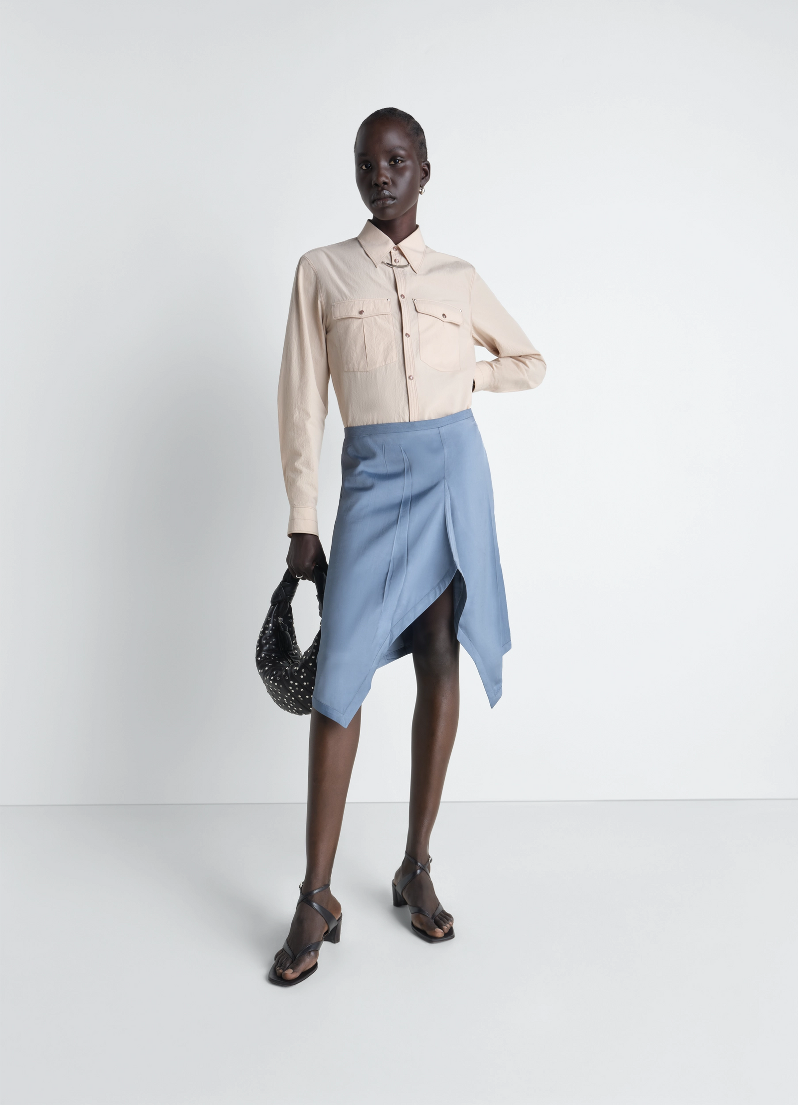 Lemaire chest-pocket fitted shirt in crepe cotton in beige, model shot, front view western-inspired fitted cut