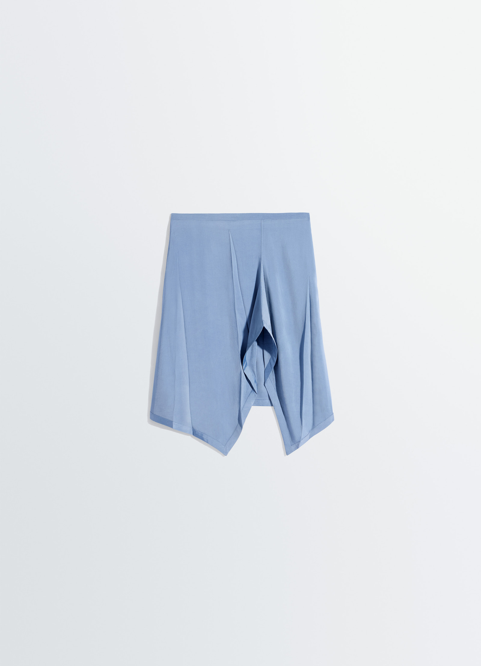 Creased foulard skirt in poly viscose twill, product shot, bottom angle view tapered front drape