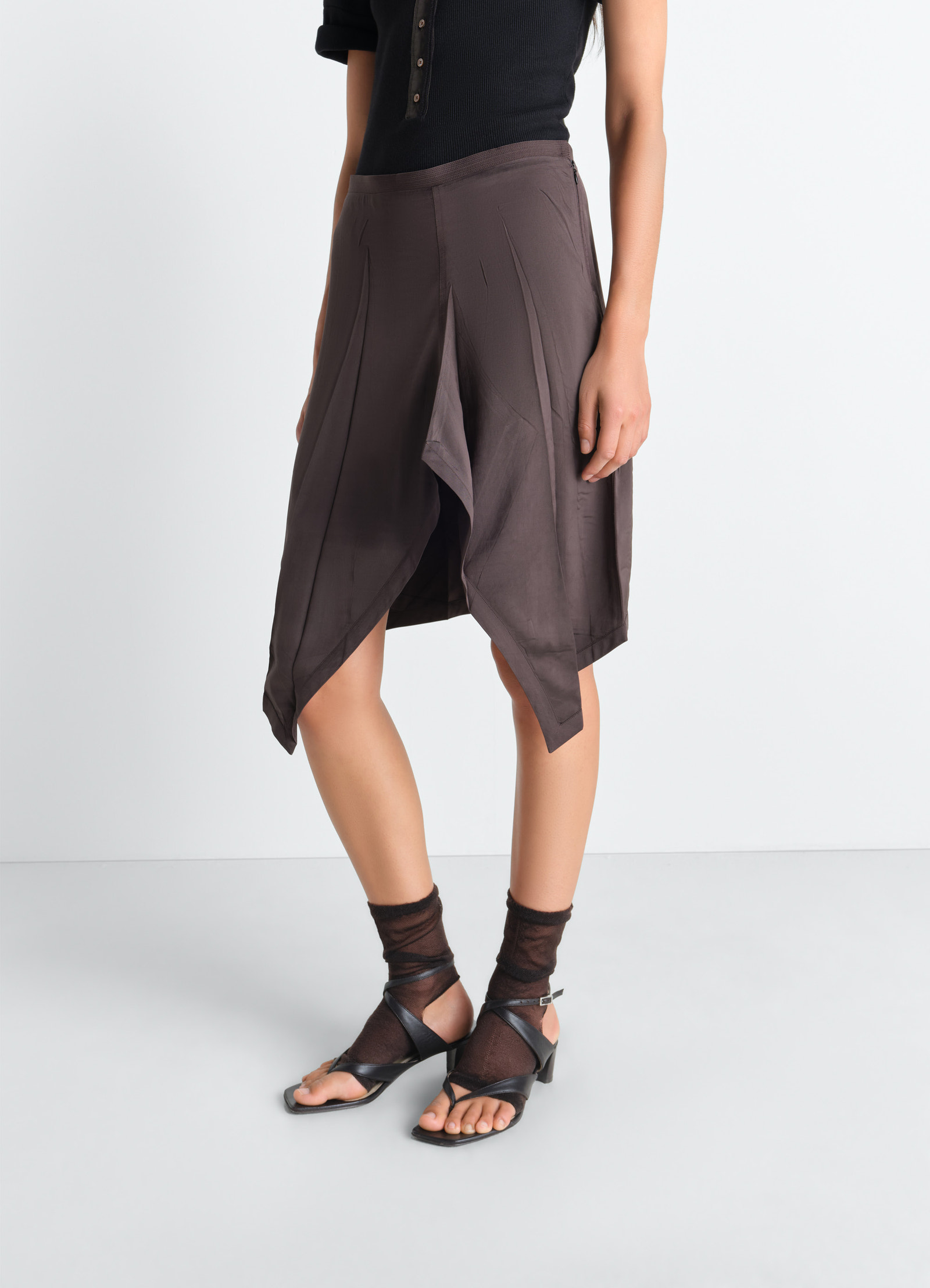 Creased foulard skirt in poly viscose twill, model shot, side view asymmetrical hem
