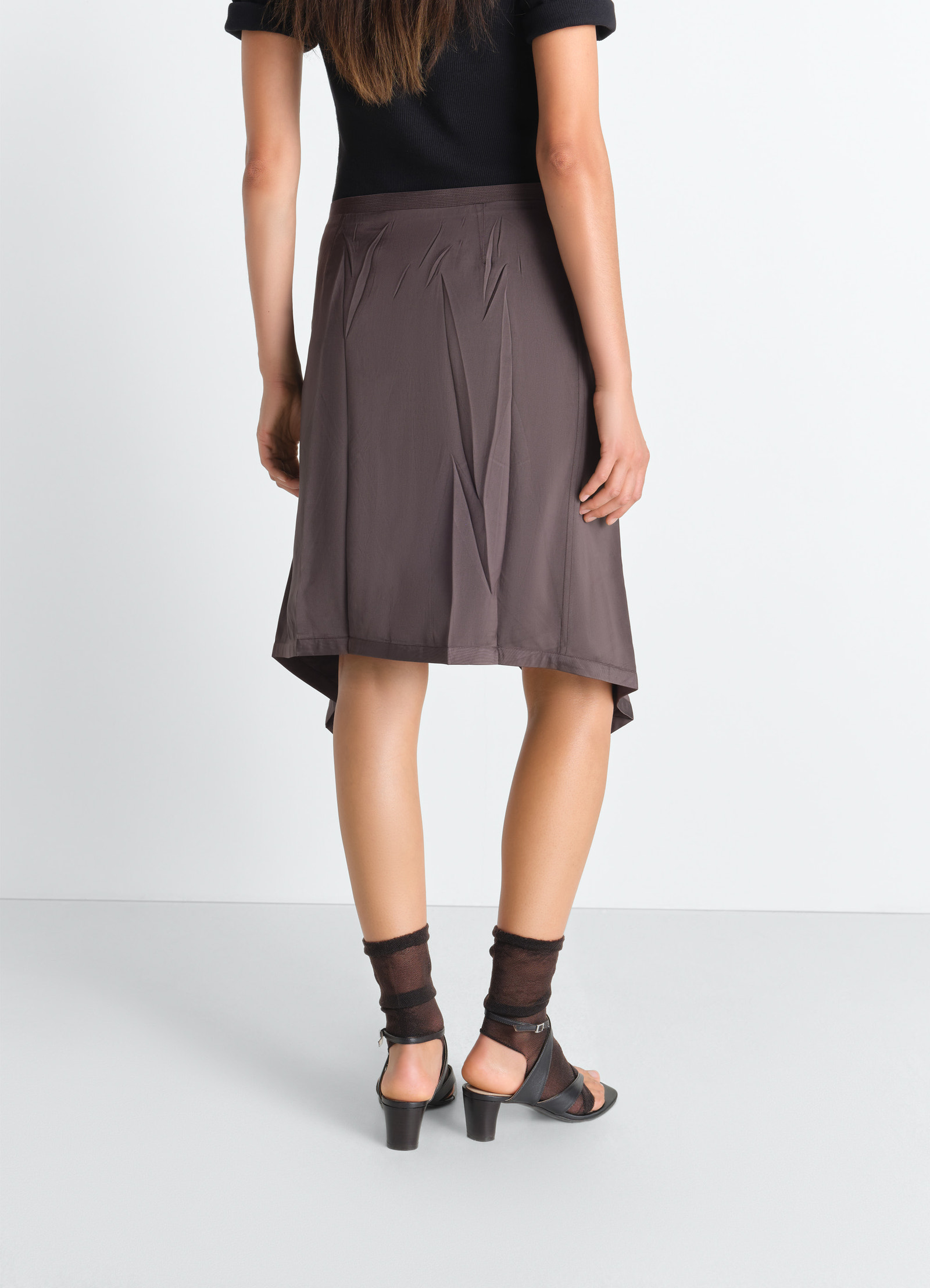 Creased foulard skirt in poly viscose twill, model shot, back view natural drape