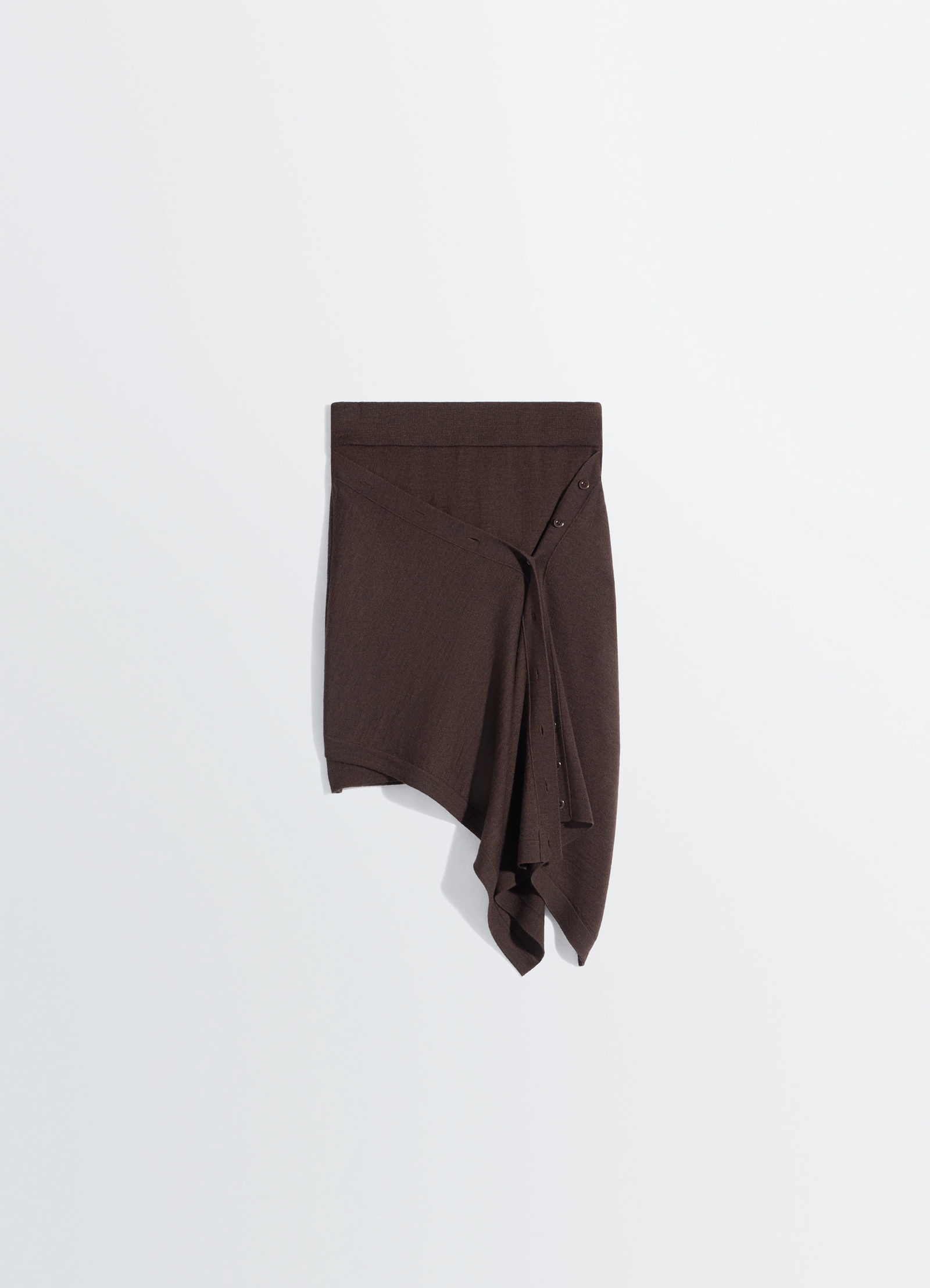 Lemaire buttoned skirt in merino wool blend, product shot, overhead view draped wrap effect