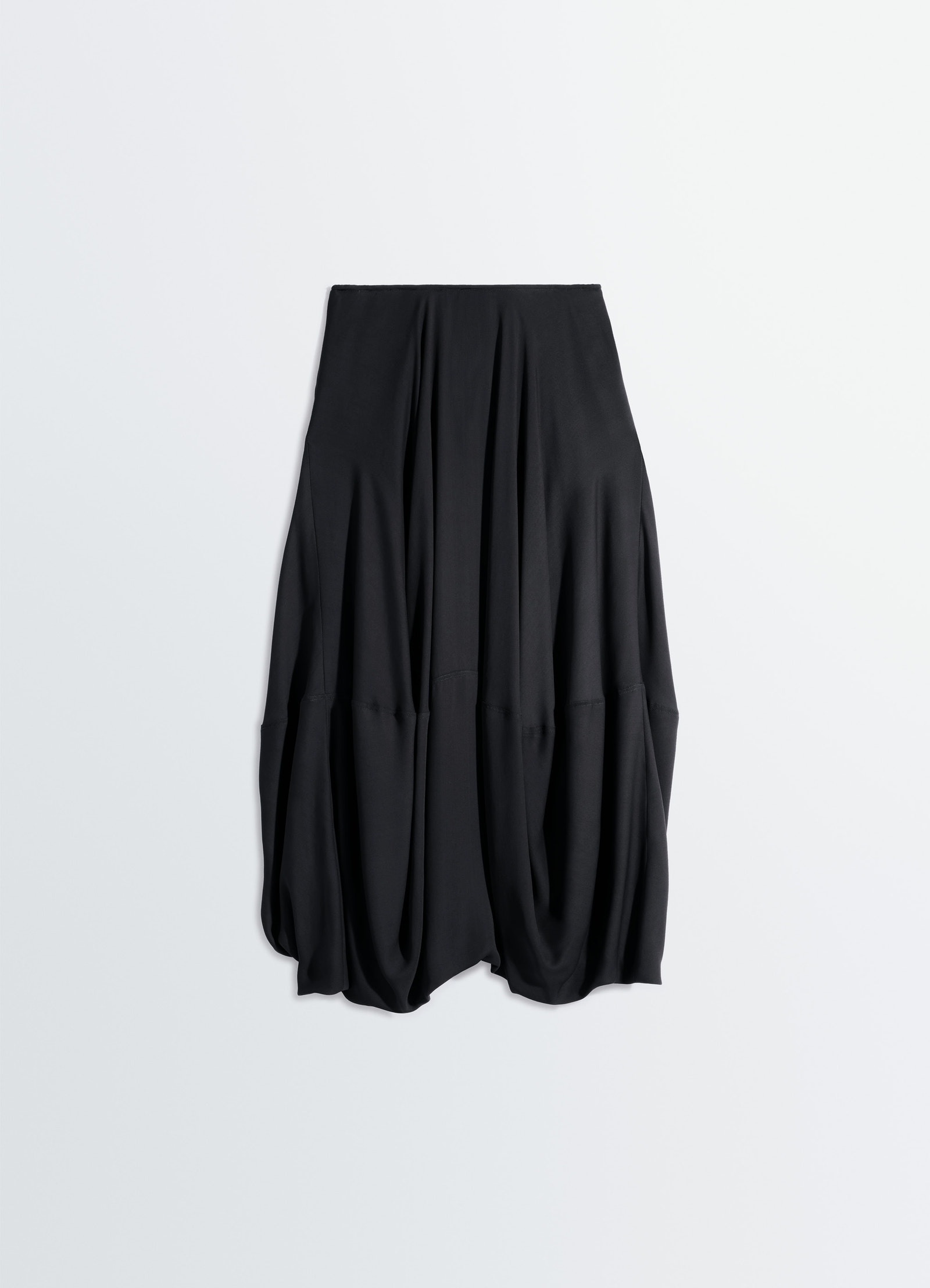 Balloon skirt in crepe de chine viscose, product shot, top-down view gathered pleat structure