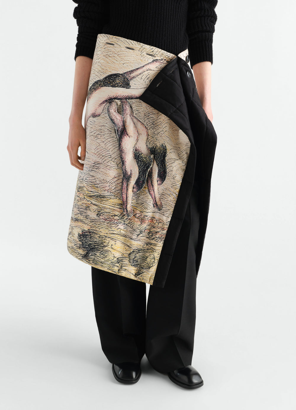 Quilted wrap skirt in printed dry silk with black quilted detail worn by model LEMAIRE front view