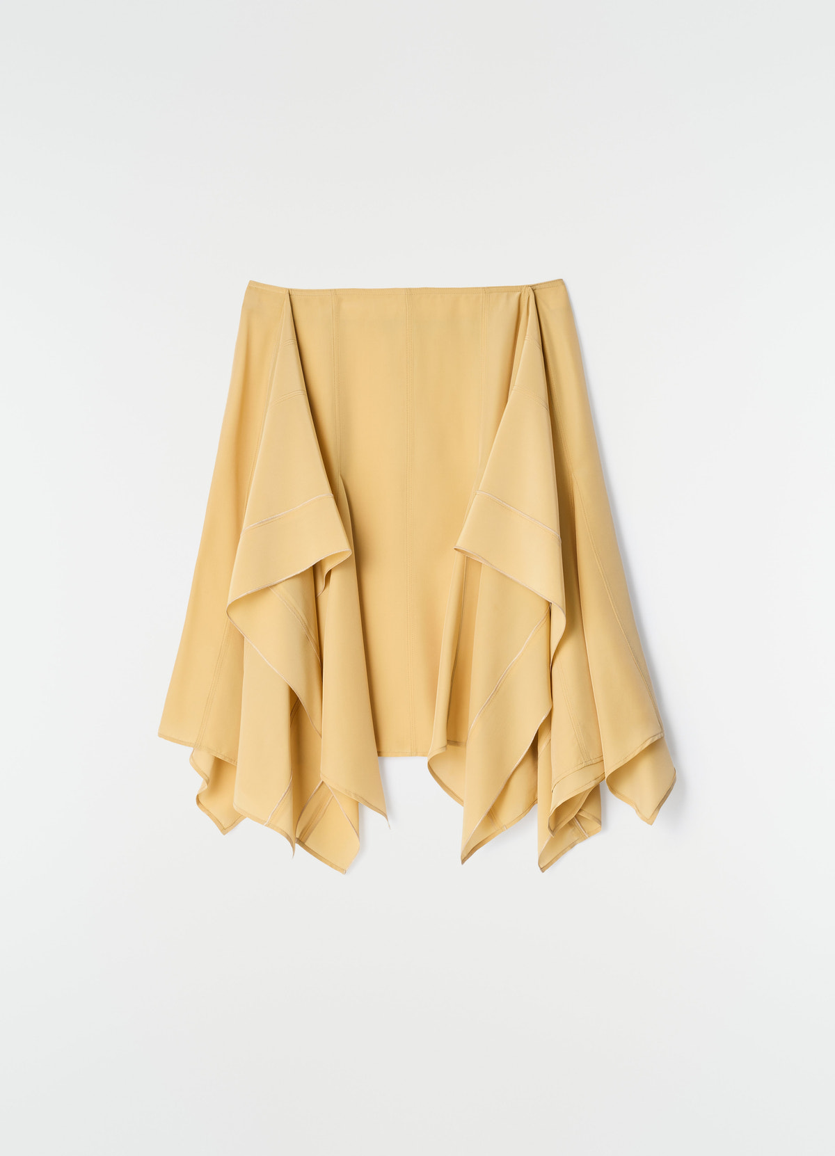 Jupe à pans en toile de soie et viscose, coloris beige clair, présenté suspendu sur fond blanc, gros plan