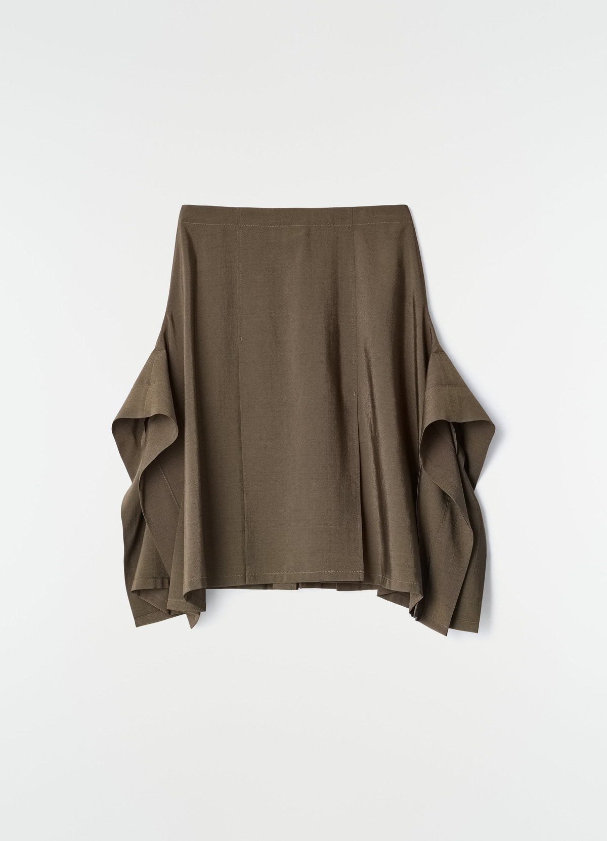 Pleated brown wool and mohair skirt with draped sides by lemaire on plain white background
