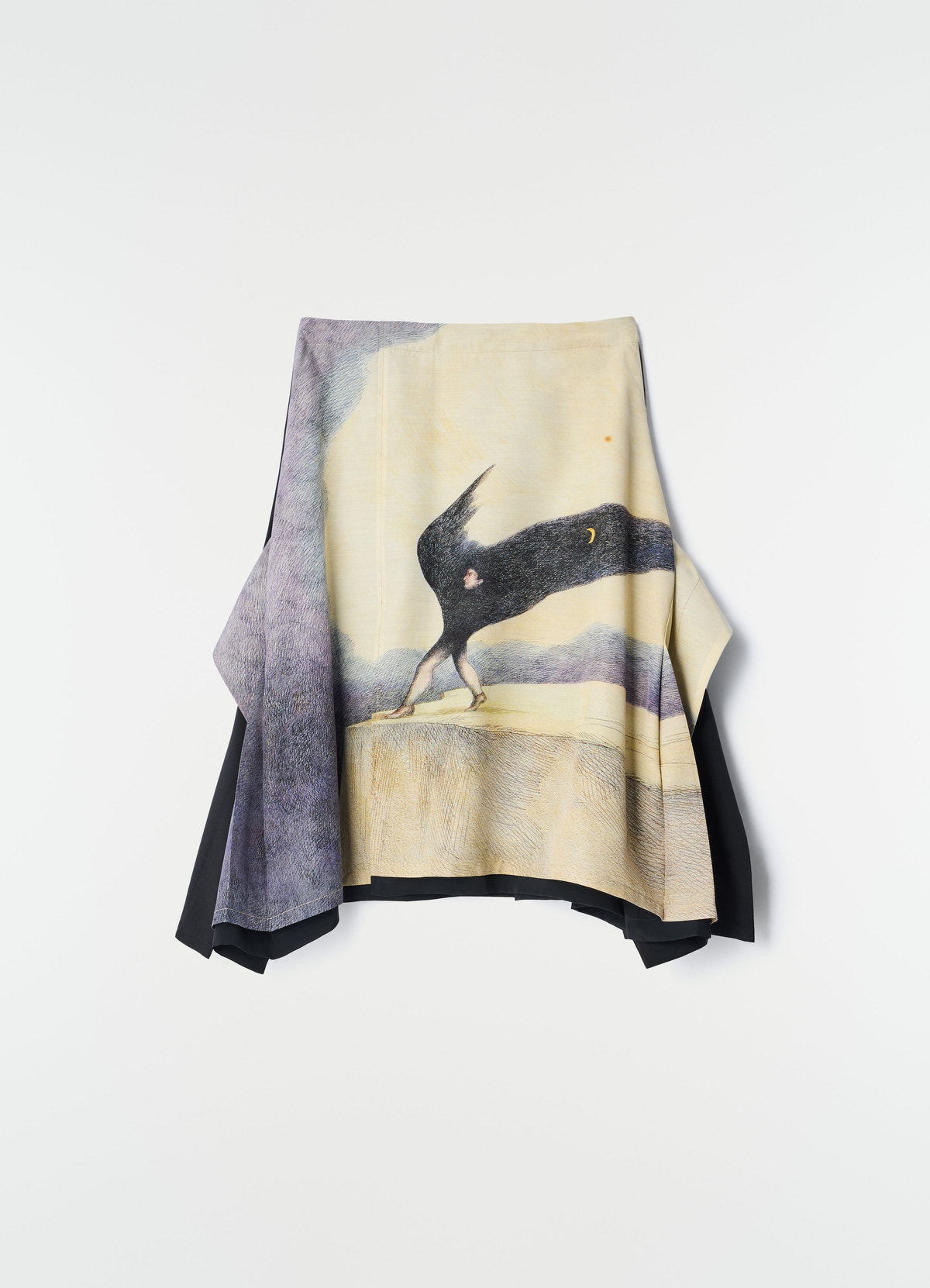 Jupe en toile de laine imprimée "la nuit qui marche", coloris crème, vue produit sur fond blanc, motif imprimé visible