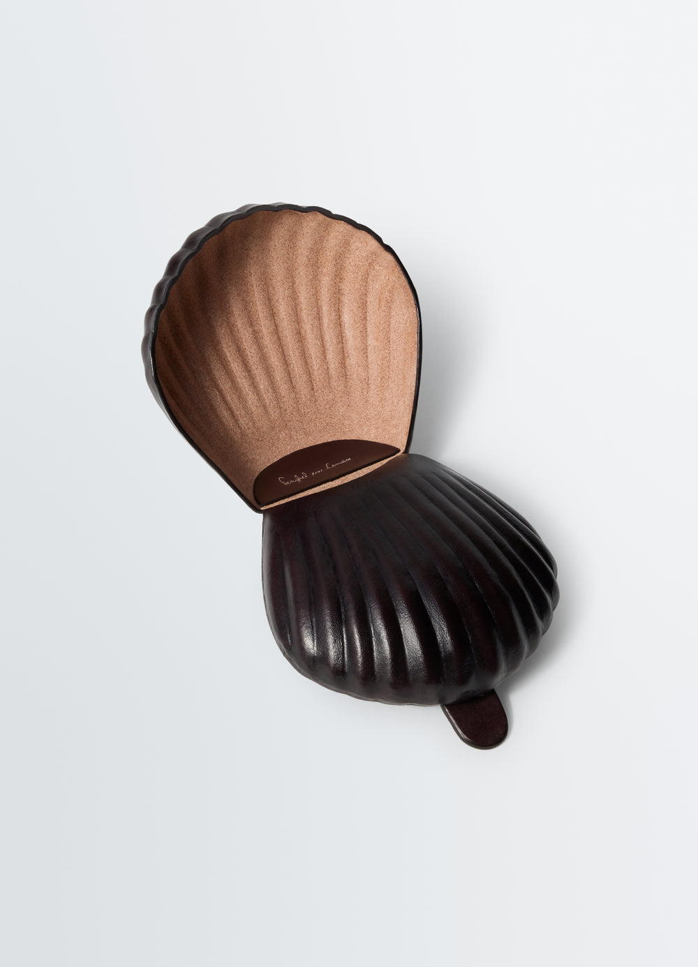 Carlos Shell Coin Purse LEMAIRE in dark brown leather with suede interior shown open on plain white background