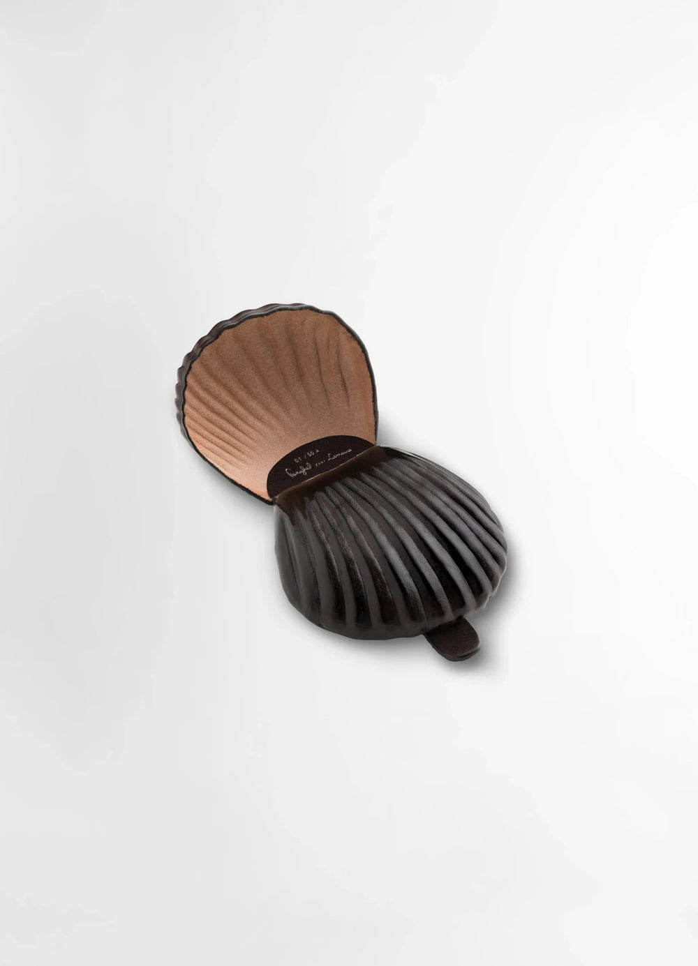 Carlos Peñafiel Shell Coin Purse in Smooth patina leather, product shot, open top view interior lining visibility