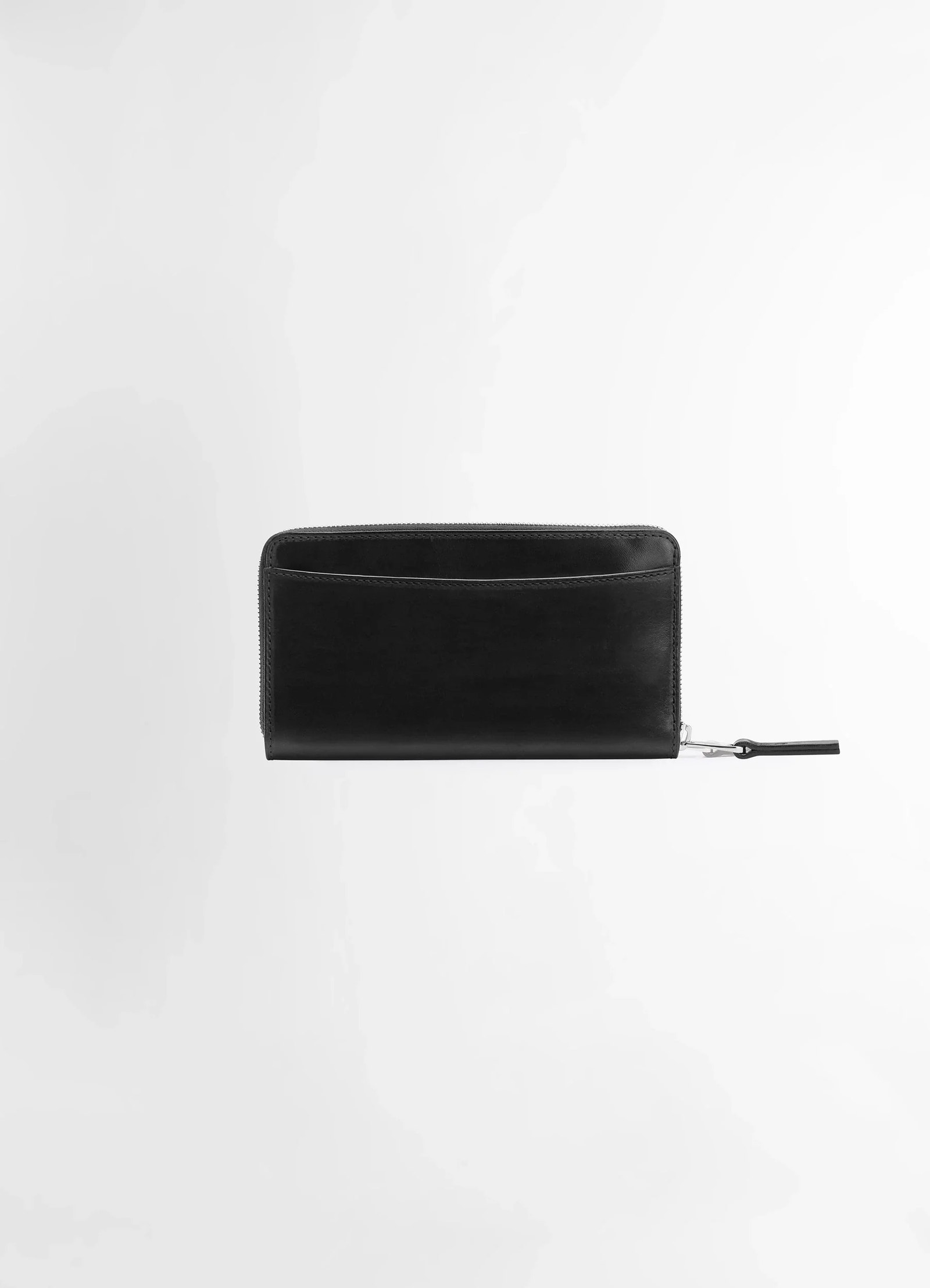 Lemaire patina zip continental in soft black leather, product shot, side view flap pocket detail