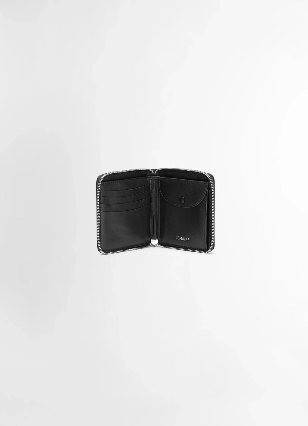 Lemaire Patina Zip Compact Bi-Fold in Soft Black Leather, product shot, open interior view card slots and coin pocket