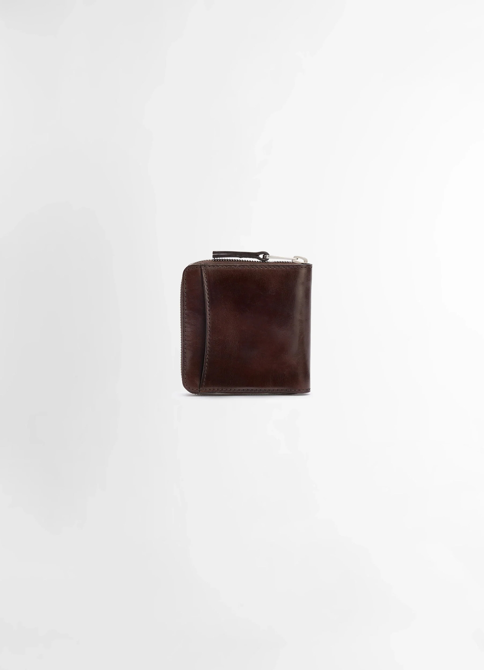 Patina zip compact bi fold in soft black leather, product shot, side view smooth texture