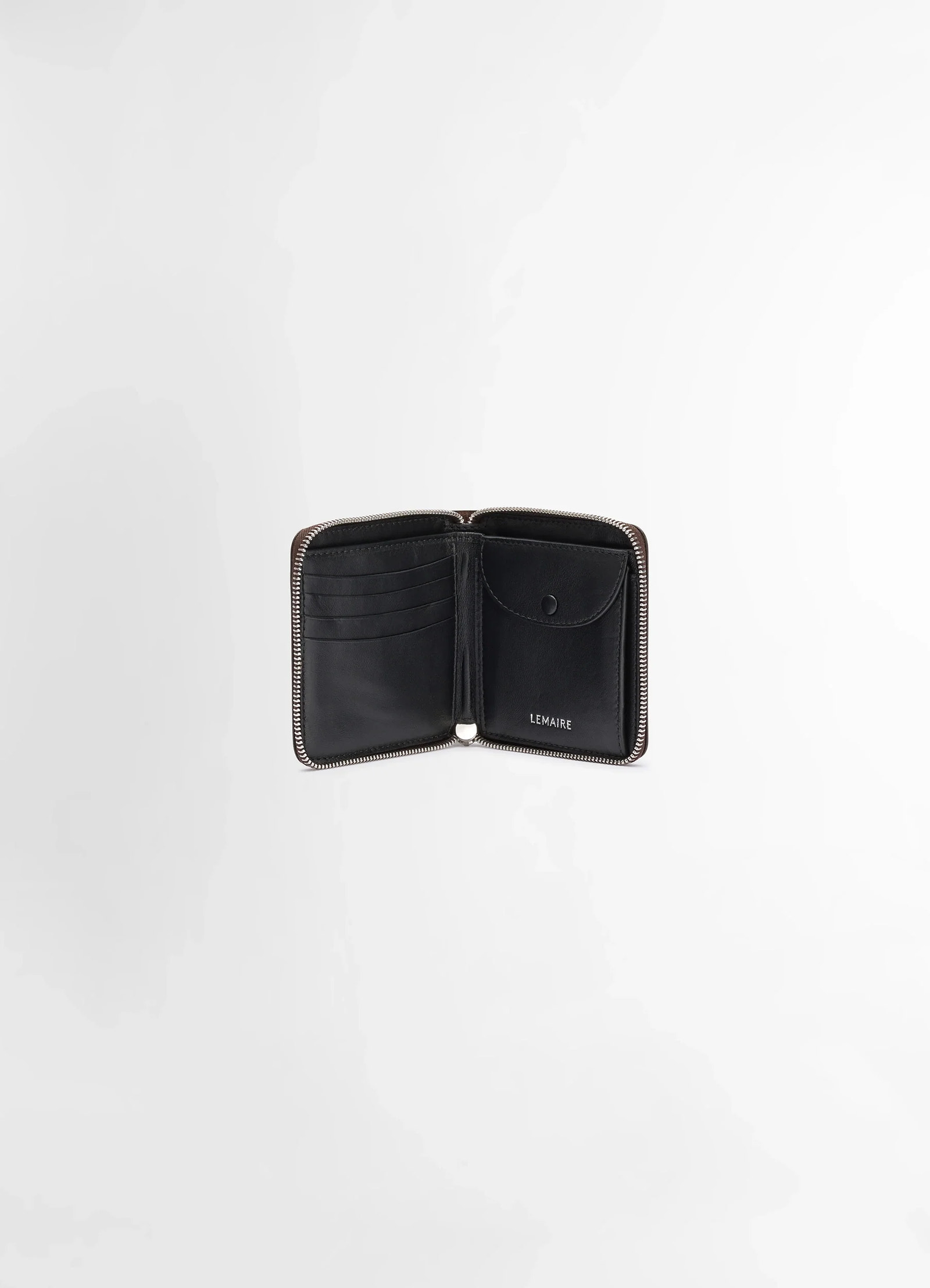 Patina zip compact bi fold in soft black leather, product shot, interior view card slots and pouch