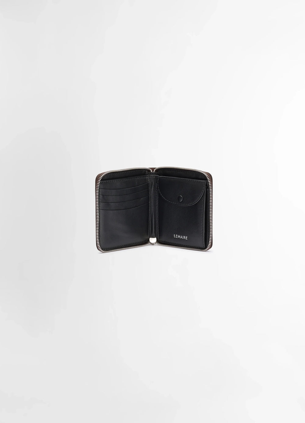 Patina Zip Compact Bi Fold in Soft Black Leather, product shot, interior view card slots and pouch