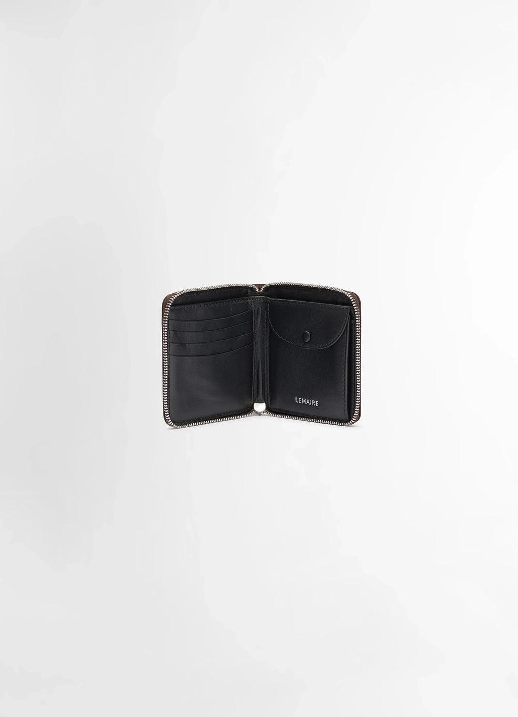 Patina Zip Compact Bi Fold in Soft Black Leather, product shot, interior view card slots and pouch